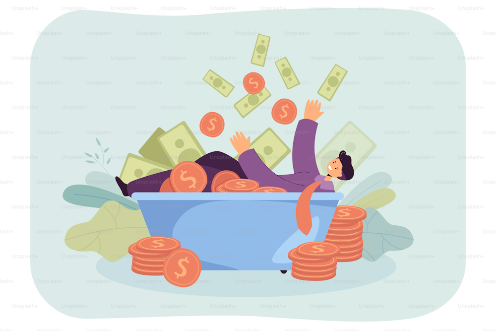 Millionaire cartoon character lying in bath with money. Dollars raining on rich adult man flat vector illustration. Success, dream, wealth concept for banner, website design or landing web page