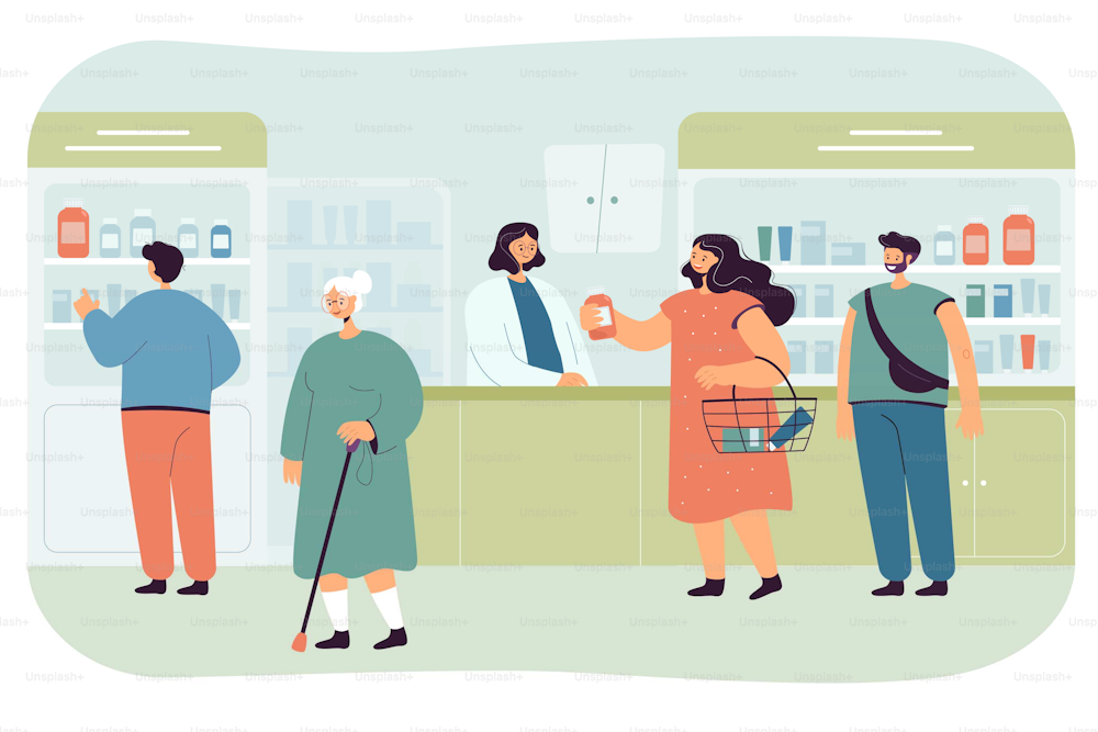 Cartoon people buying medication at drugstore. Pharmacist talking to woman in medical or pharmaceutical store flat vector illustration. Pharmacy, medicine, health concept for banner or website design