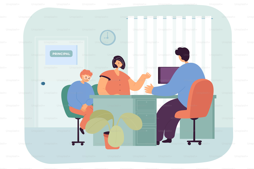 Cartoon mom and son at principal office. Headmaster sitting at table, woman and child in room of school director flat vector illustration. Family, education, children behavior concept for banner