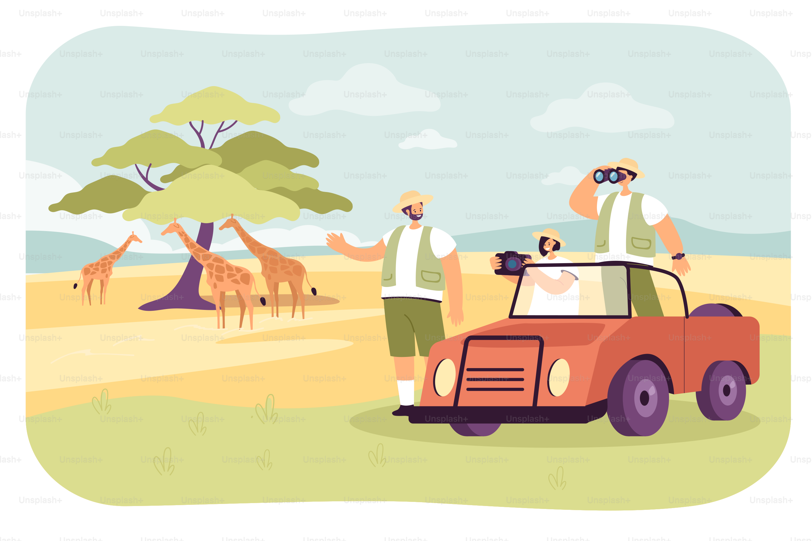 Cartoon travelers looking at wild African animals on tour. Male and female characters in car in Africa flat vector illustration. Traveling, adventure concept for banner, website design or landing page