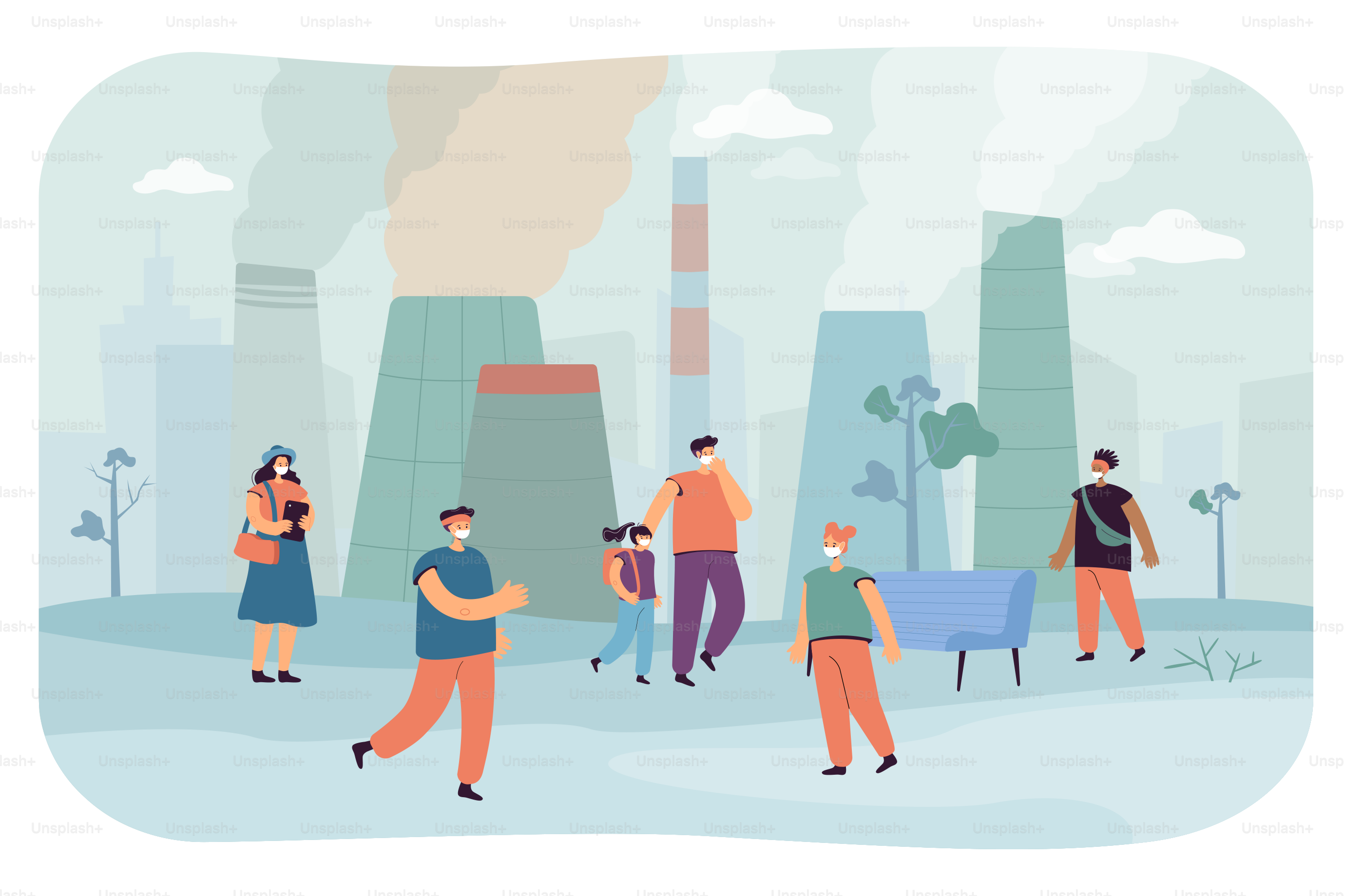 Cartoon people in masks due to industrial emissions from plants. Fine dust or smog in air flat vector illustration. Pollution, environment, coronavirus, technology concept for banner or website design