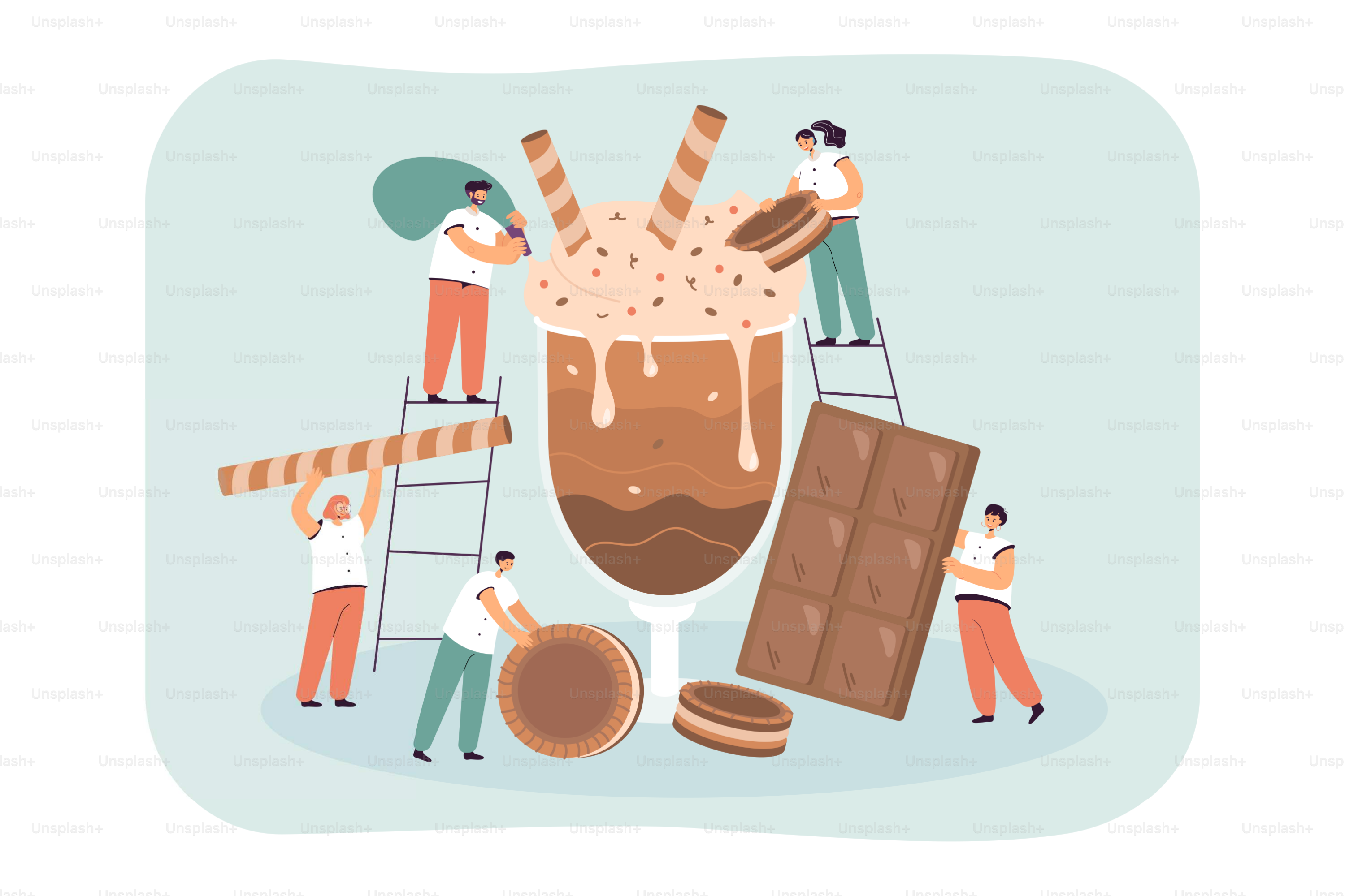 Tiny cartoon characters with huge chocolate cocktail. Sweet dish with biscuits and chocolate bars, men and woman working in bakery or pastry factory flat vector illustration. Desserts, pastry concept