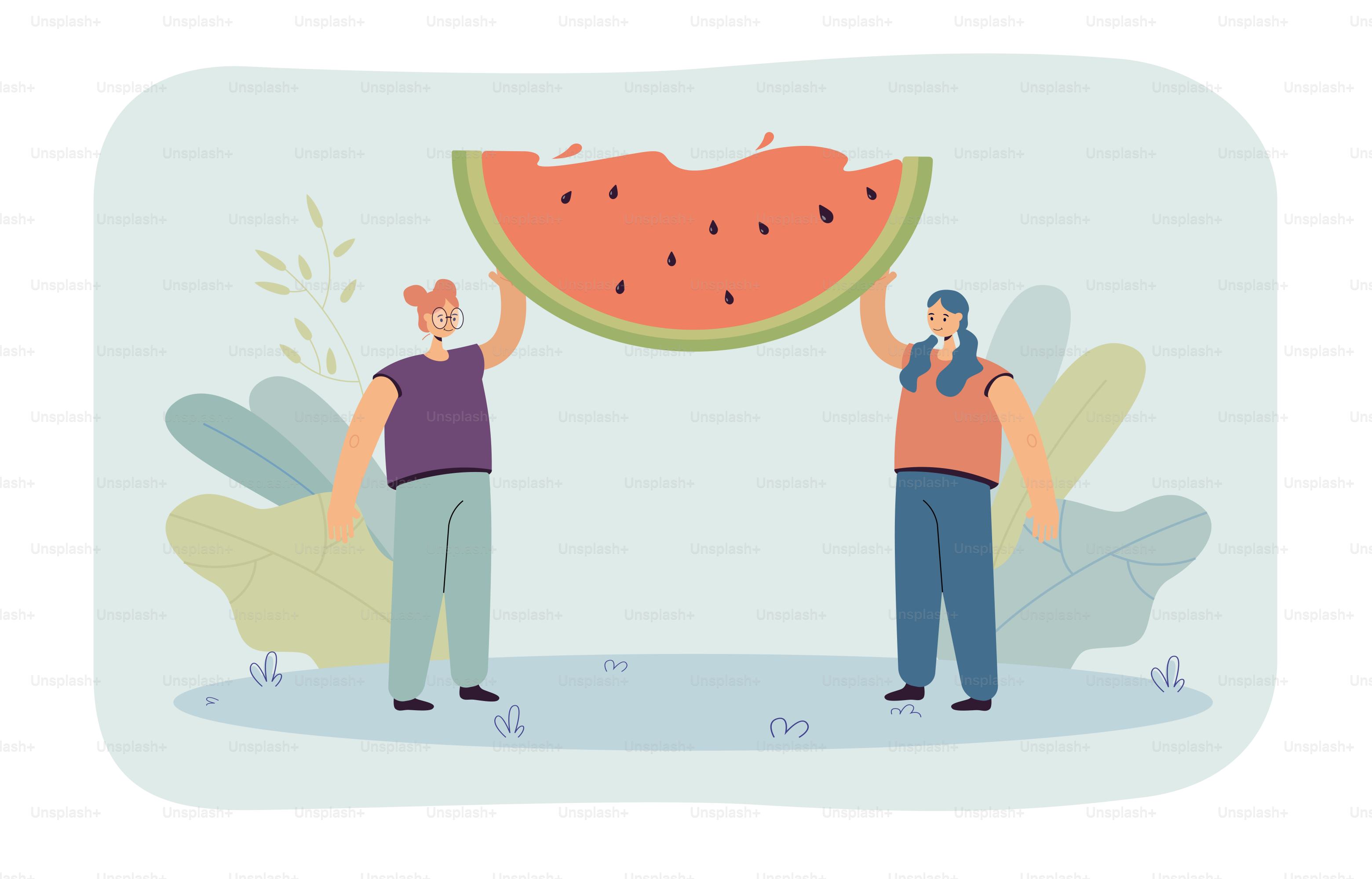 Tiny girls holding slice of watermelon flat vector illustration. Young people eating eco natural fruits, taking care of health. Healthy lifestyle concept for banner, website design or landing web page