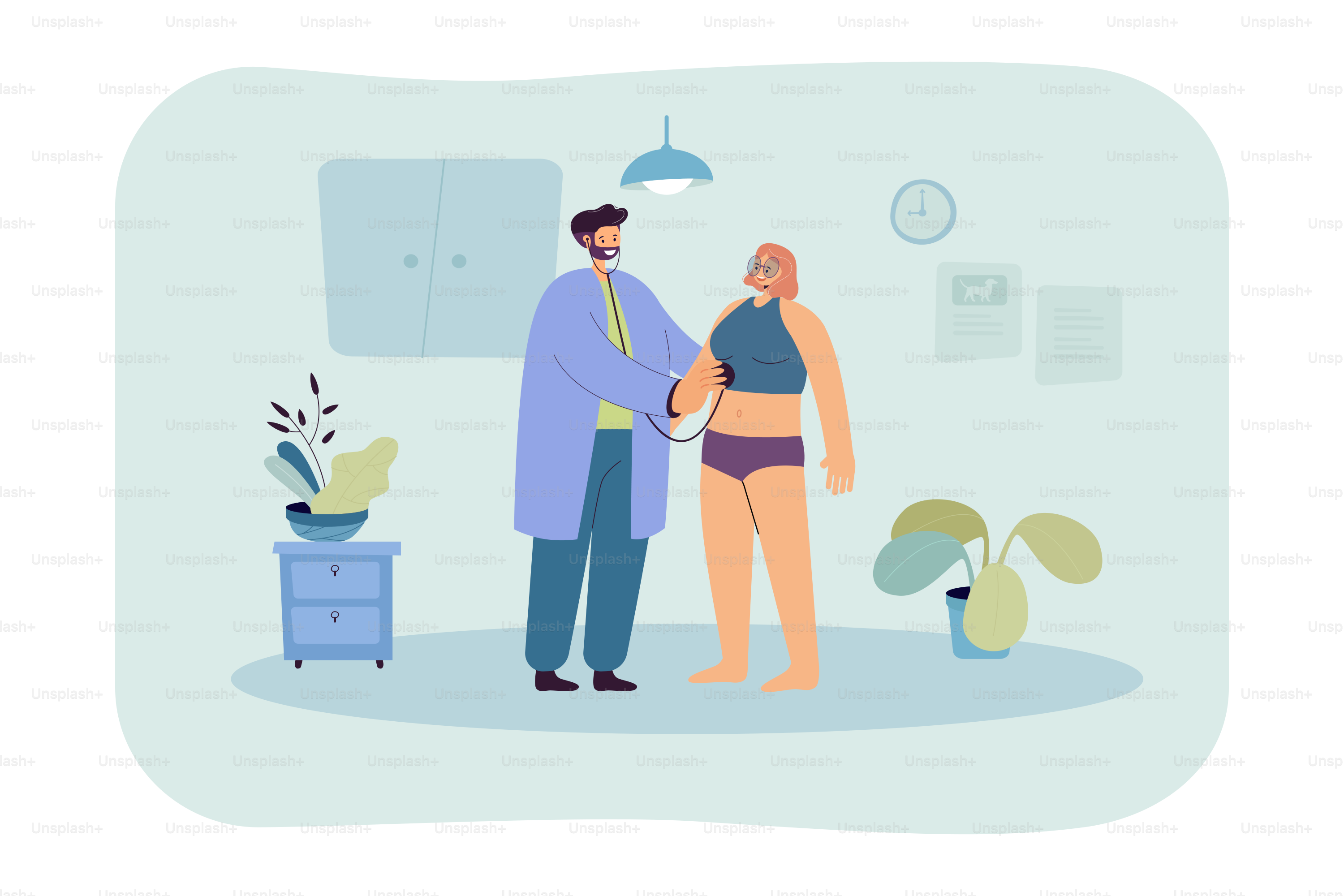 Médico ouvindo, batimento caracional do paciente com estetoscópio. Terapeuta examinando mulher no hospital com vetoria plana. Profissão, conceito de saúde para banner, design de site ou página de destino