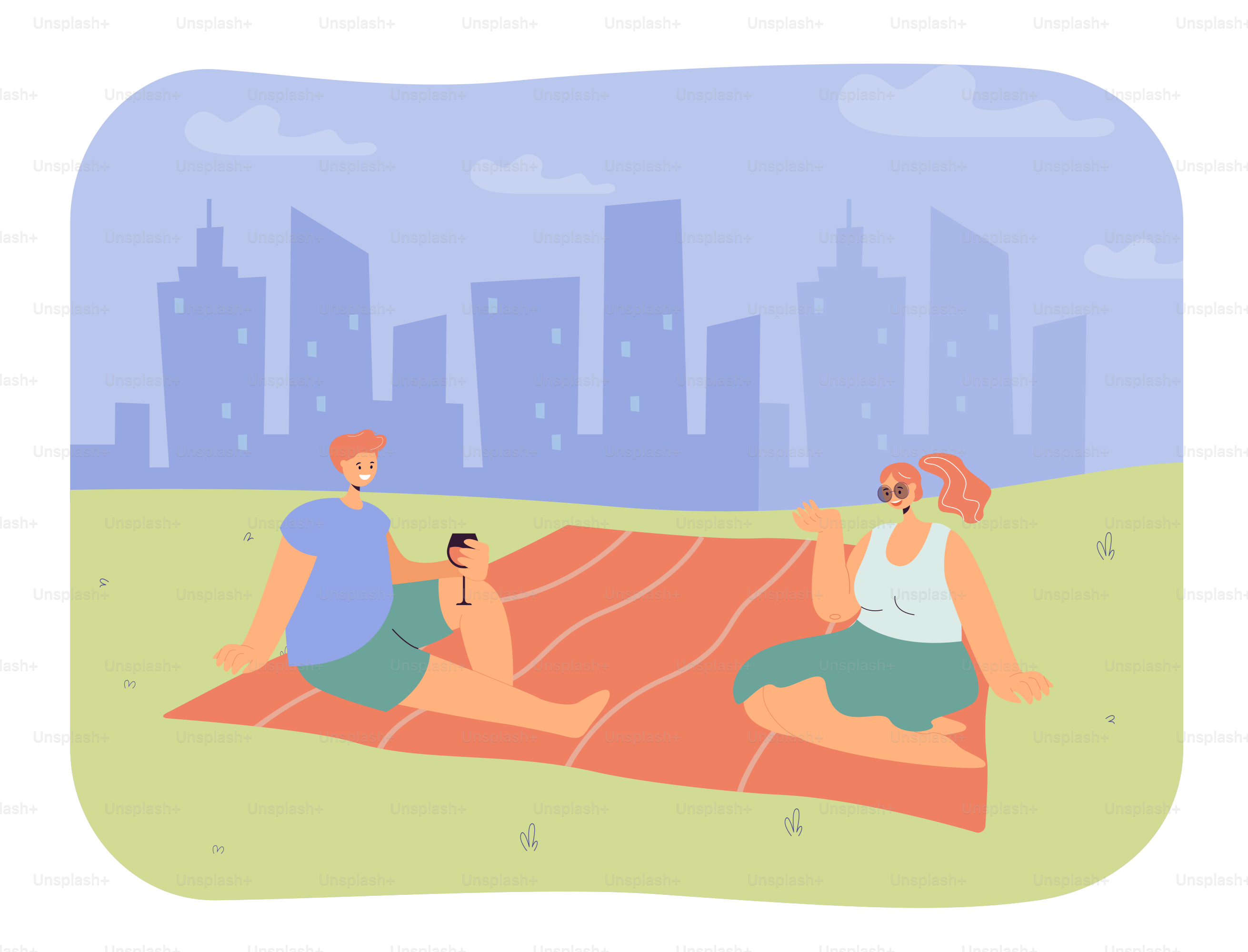 Hombre y mujer haciendo un picnic en un parque de plano ilustración vectorial. Chico y chica felices sentados sobre una manta, saliendo y bebiendo vino. Romance, concepto de amor para banner, diseño web o página web