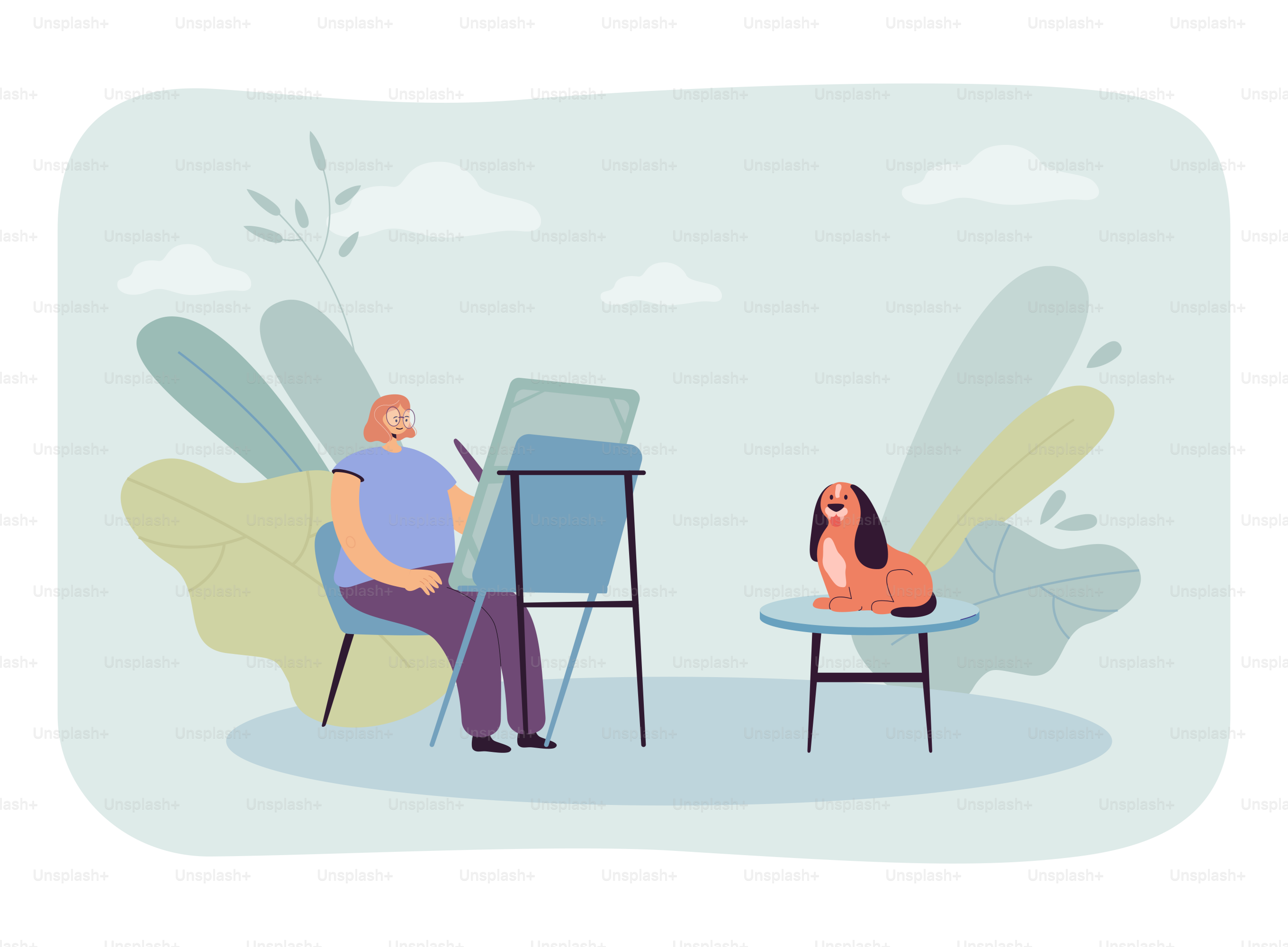 Girl drawing her dog on easel at home flat vector illustration. Happy pet sitting on table and posing for young artist. Occupation, art concept for banner, website design or landing web page