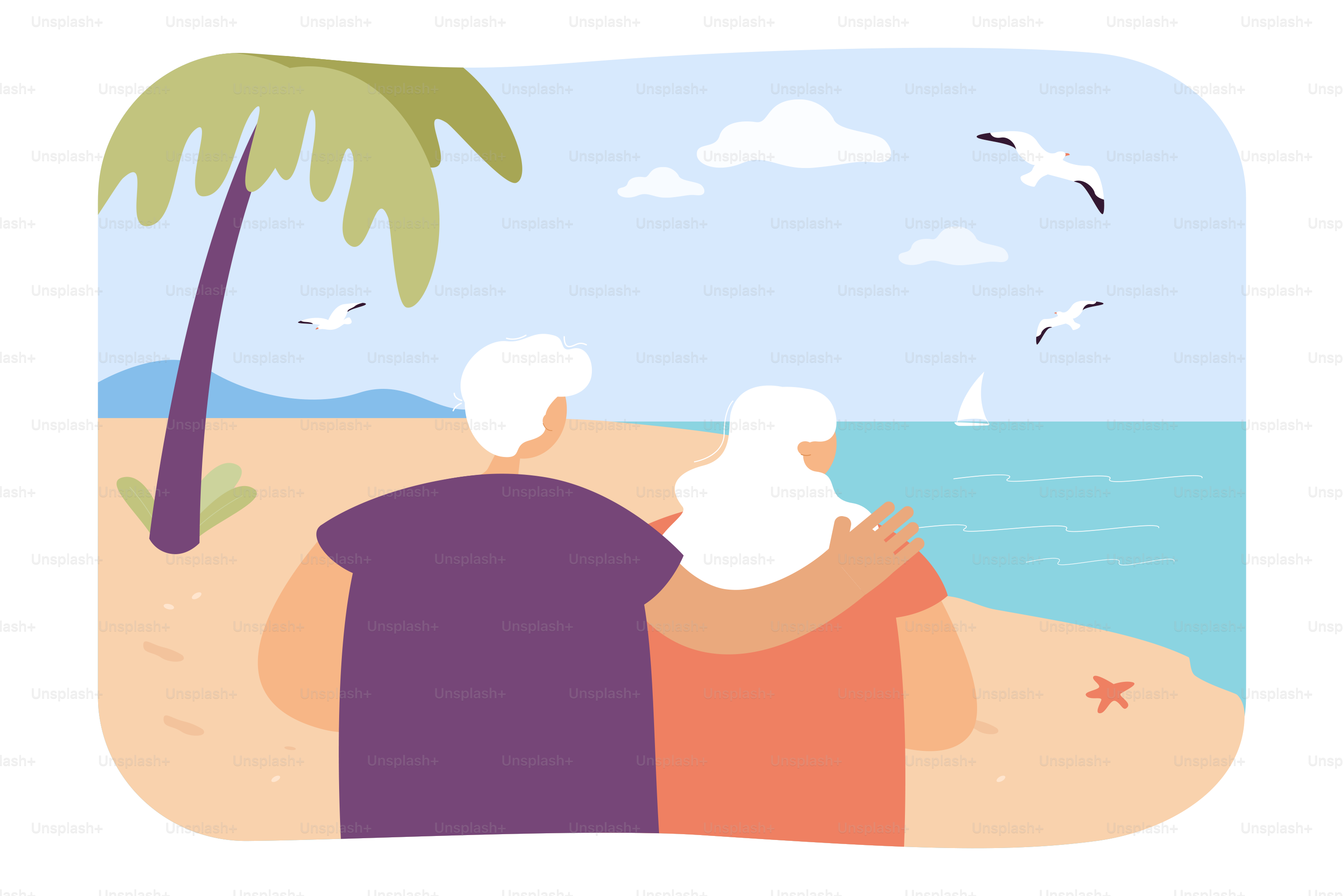 Senior couple relaxing on beach flat vector illustration. Back view of wife and husband hugging while admiring seascape on vacation. Love, travel concept for banner, website design or landing web page