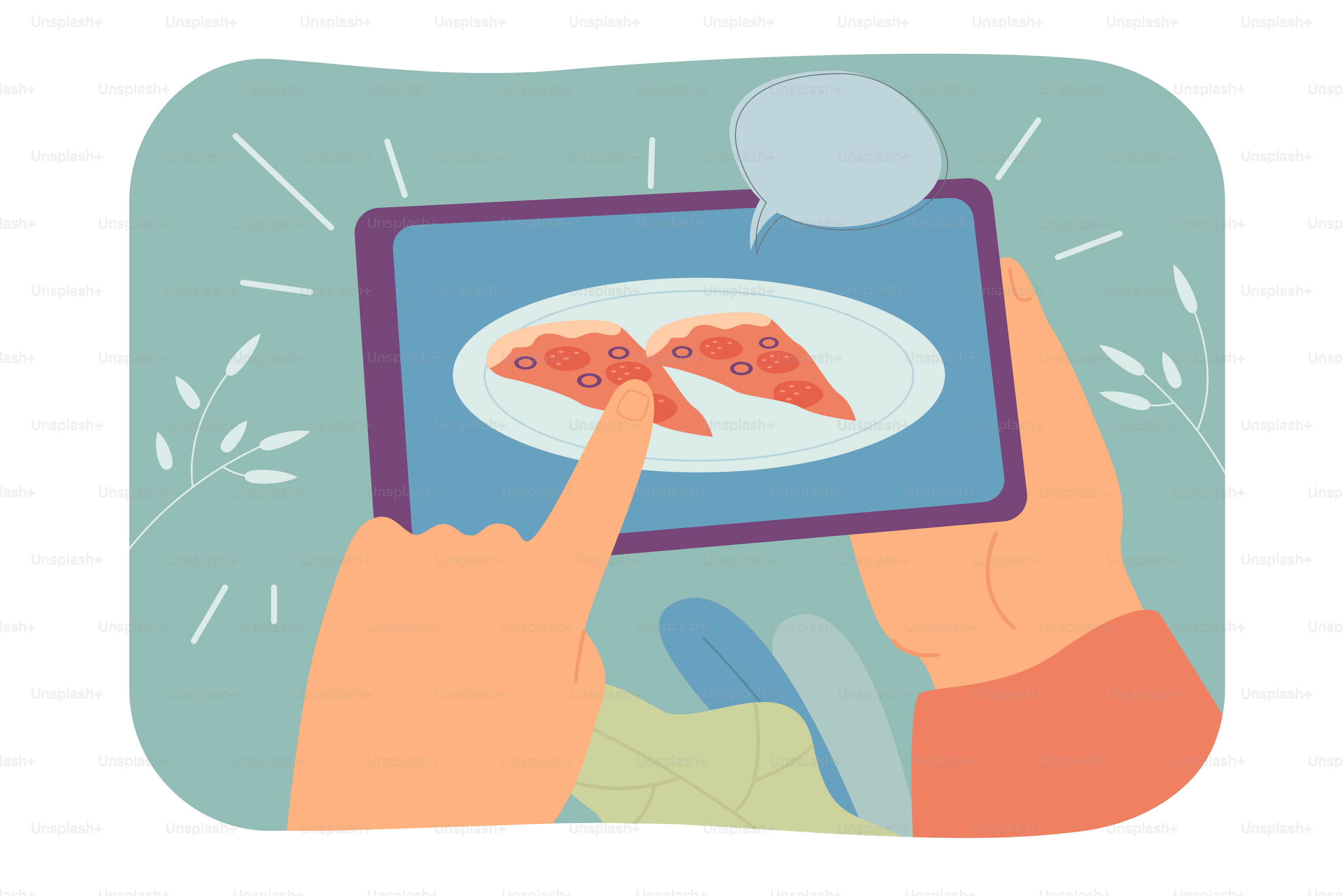 Pizza slices on tablet screen flat vector illustration. Man ordering fast food online using digital device and phone application. Food, delivery concept for banner, website design or landing web page