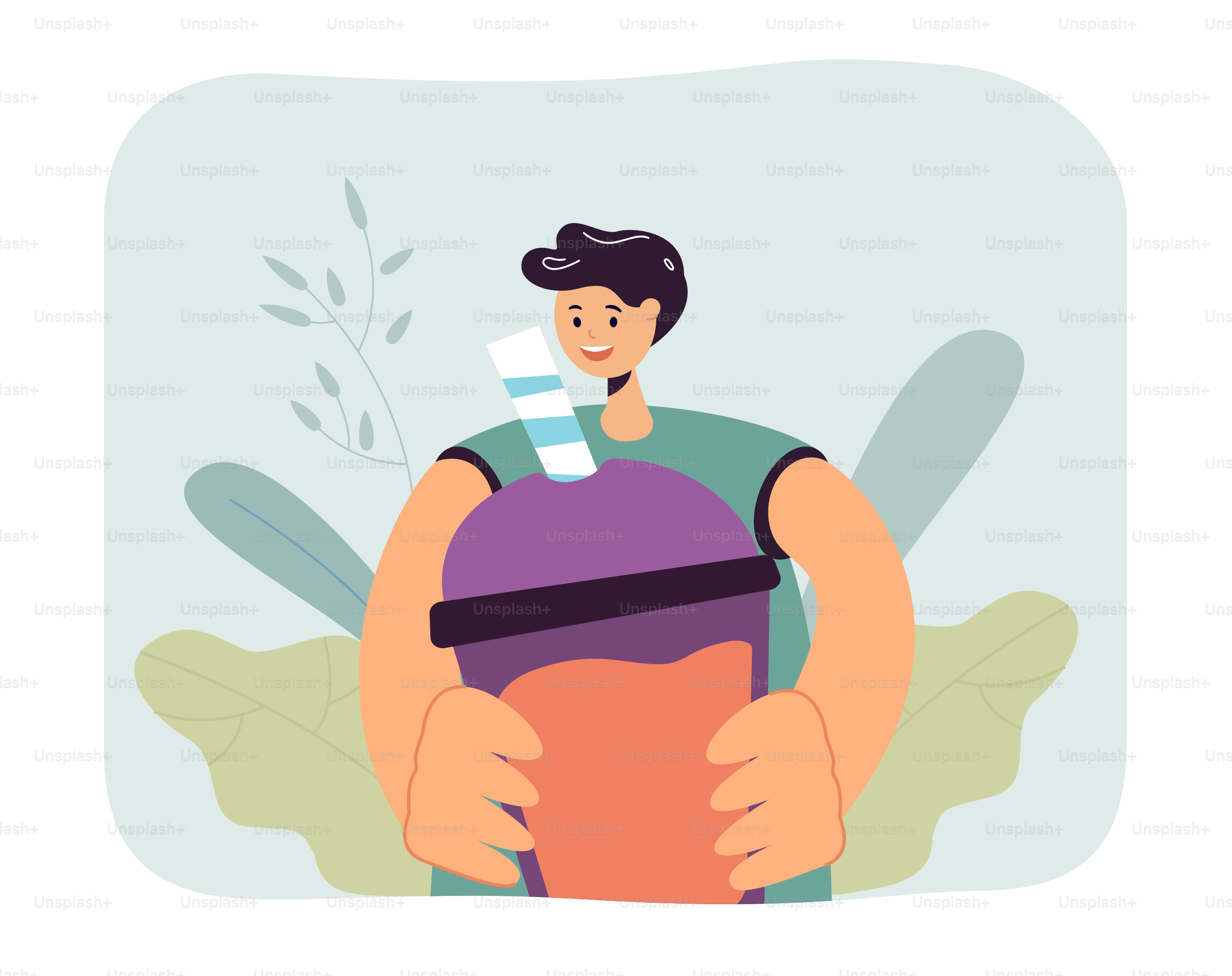 Happy boy with cocktail flat vector illustration. Smiling young man holding glass of juice or alcohol drink with straw. Party, drink concept for banner, website design or landing web page