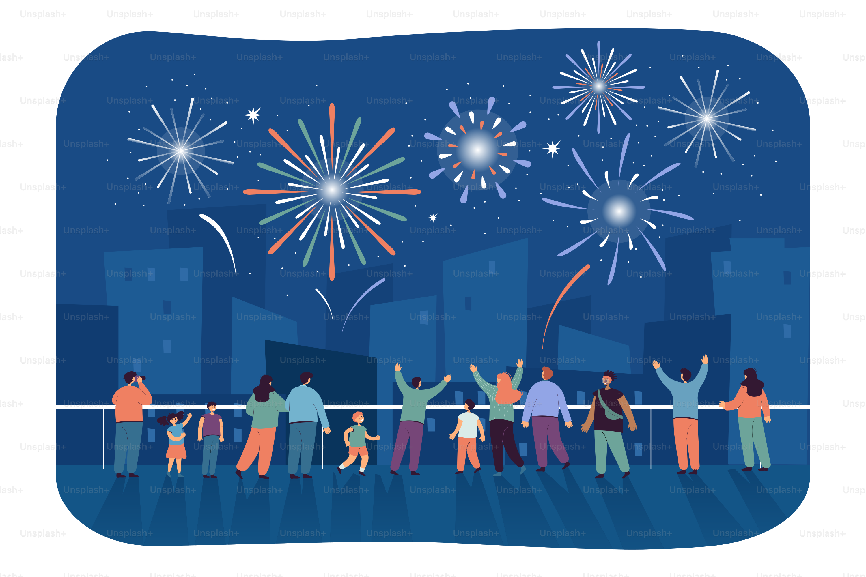 Cityscape with crowd of happy people looking at fireworks in sky. Cartoon adults and kids at celebratory or festive spectacle at night flat vector illustration. Celebration, pyrotechnics concept