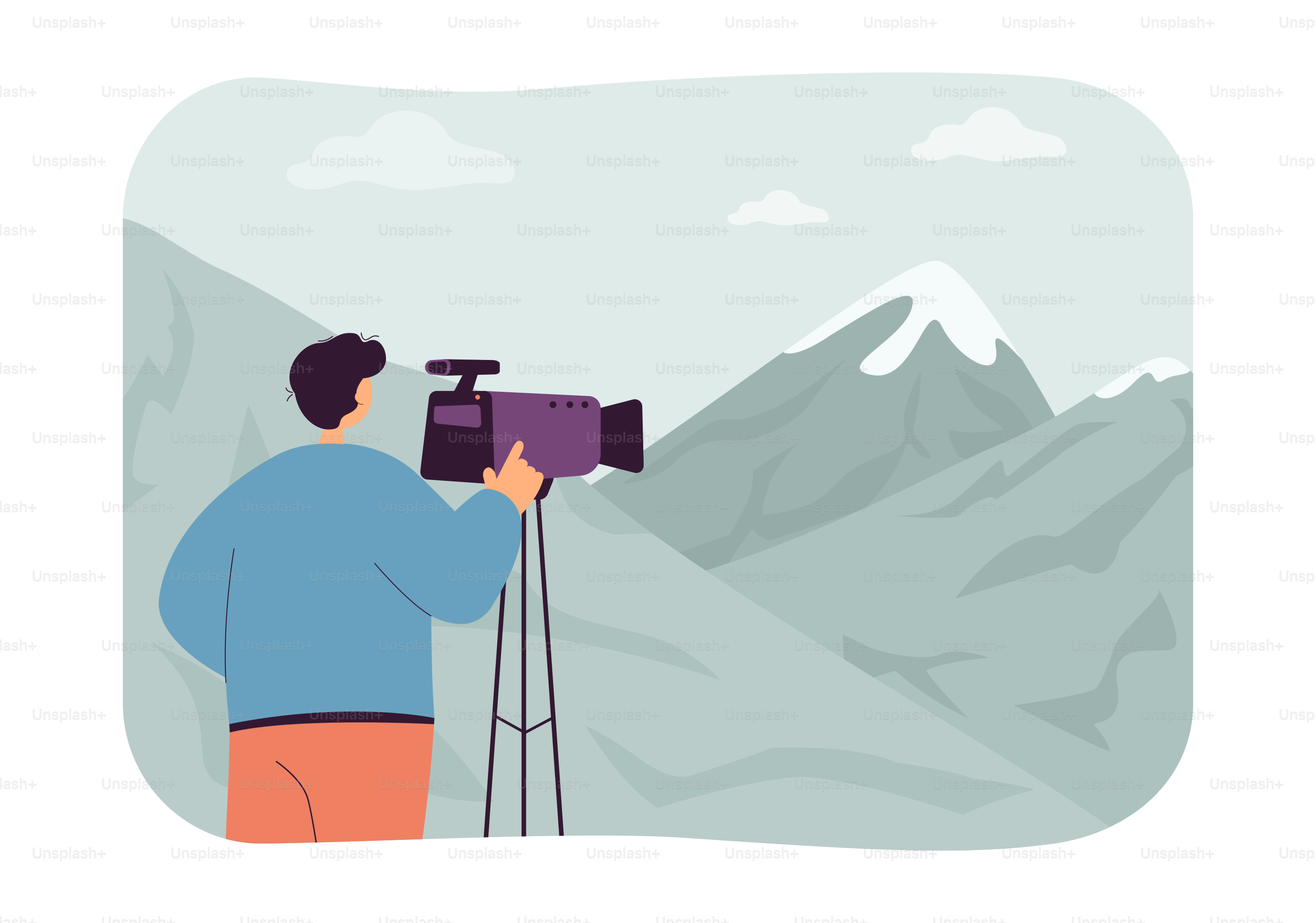 Travel photographer taking photos in mountains. Man in nature with camera on tripod flat vector illustration. Photography, traveling, tourism concept for banner, website design or landing page