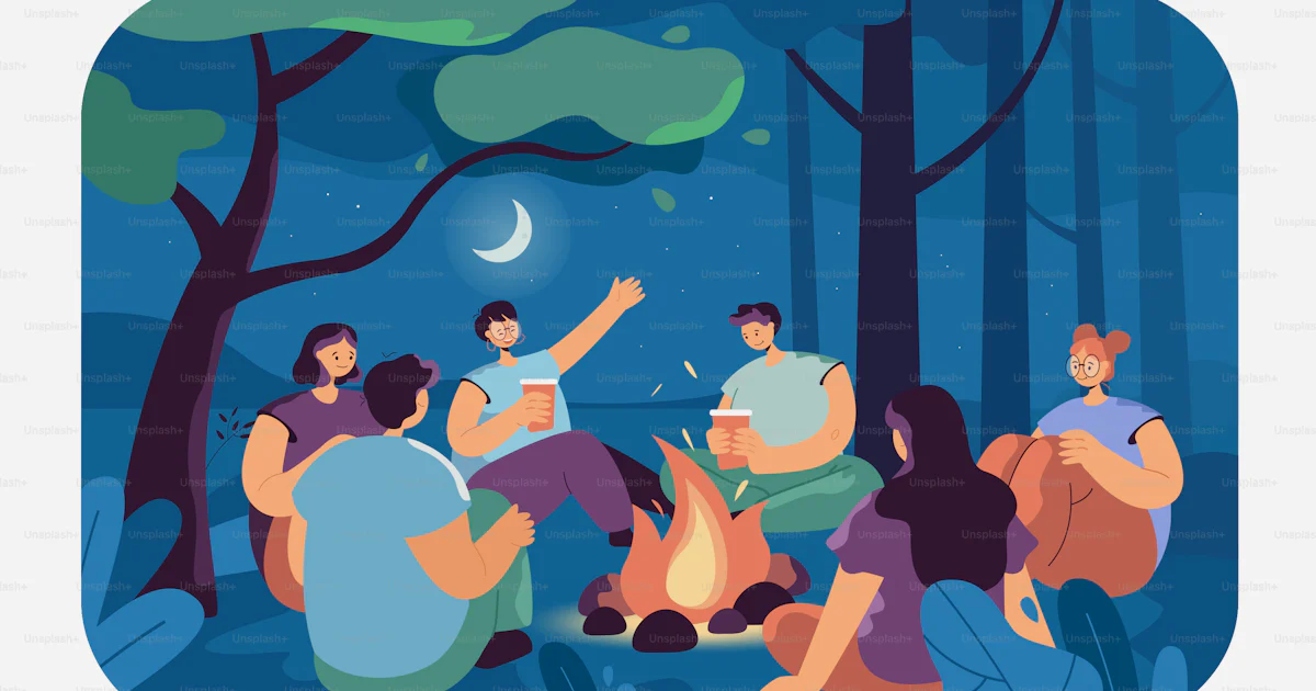 Pessoas felizes contando histórias assustadoras ao redor da fogueira ...