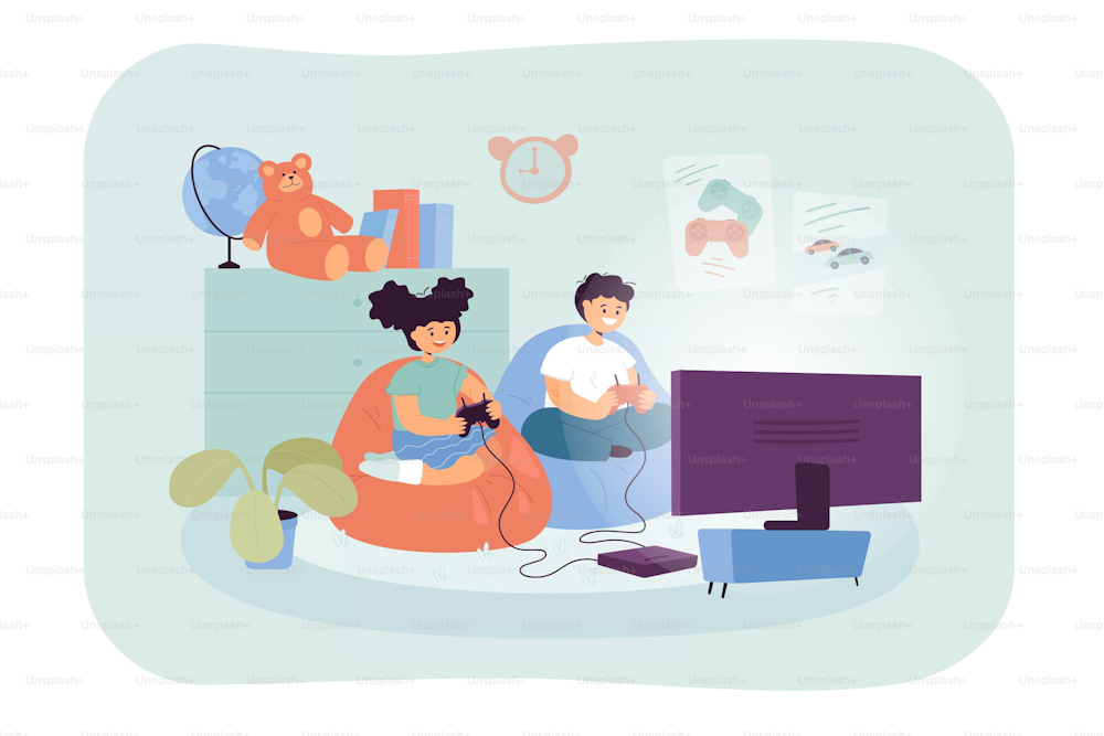 Little kids playing videogames on TV together. Room interior with children watching television screen while playing game flat vector illustration. Entertainment, leisure concept for banner