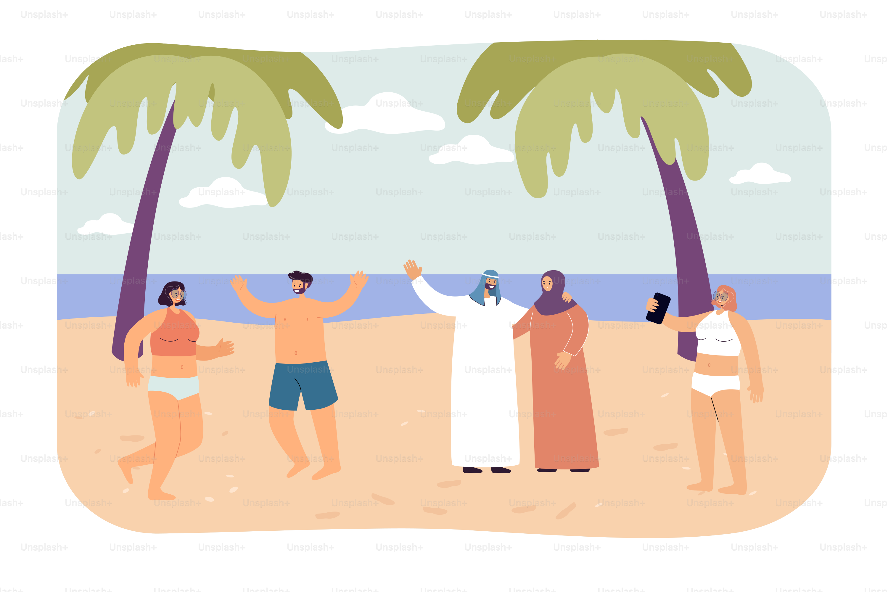 Happy multicultural people having fun on beach. Woman in swimming suit taking selfie flat vector illustration. Vacation, tourism, traveling, summer concept for banner, website design or landing page
