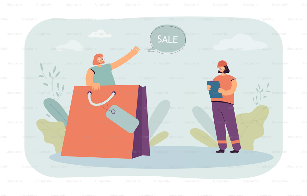 Tiny shop worker in shopping bag announcing discount. Woman advertising store flat vector illustration. Sale, marketing, shopping, commerce concept for banner, website design or landing web page