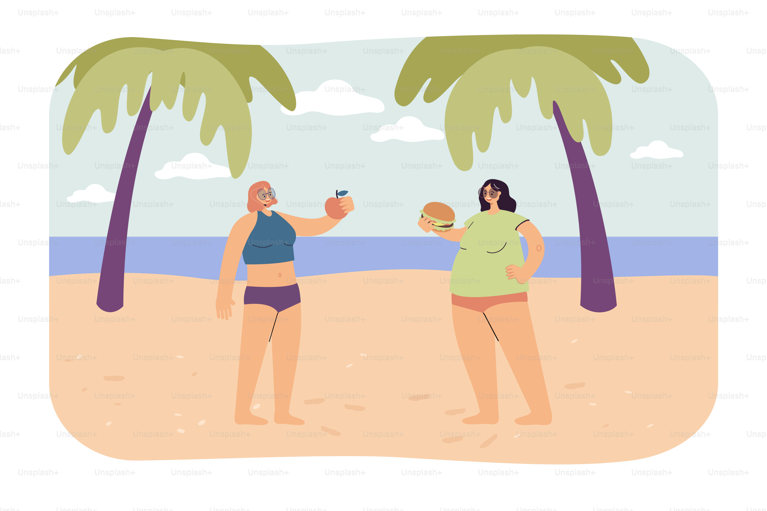 Two women with different diets and figures on beach. Slim girl eating apple, fat female with hamburger flat vector illustration. Comparison, food, lifestyle concept for banner or landing web page