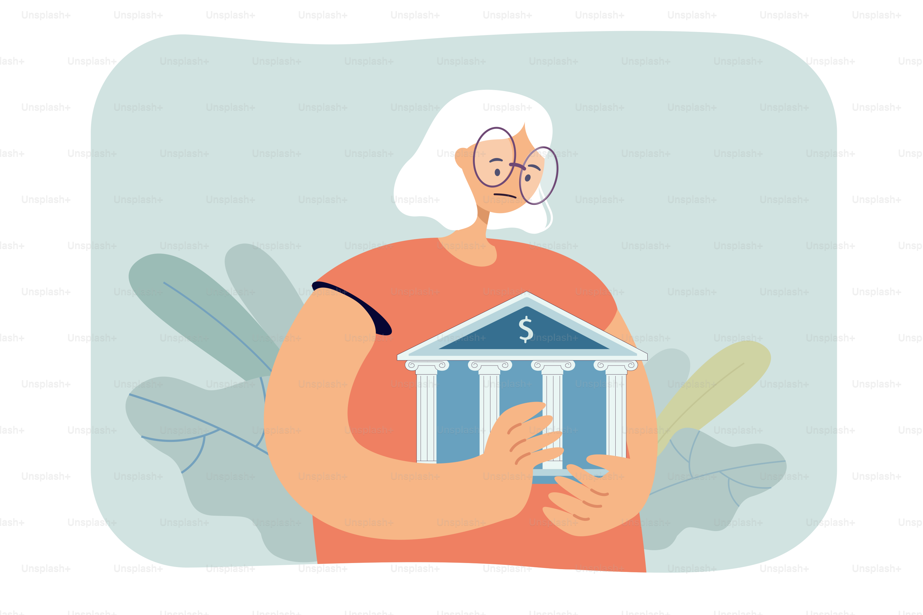 Sad elderly woman holding tiny bank building. Retired cartoon person upset about pension flat vector illustration. Retirement, finances concept for banner, website design or landing web page