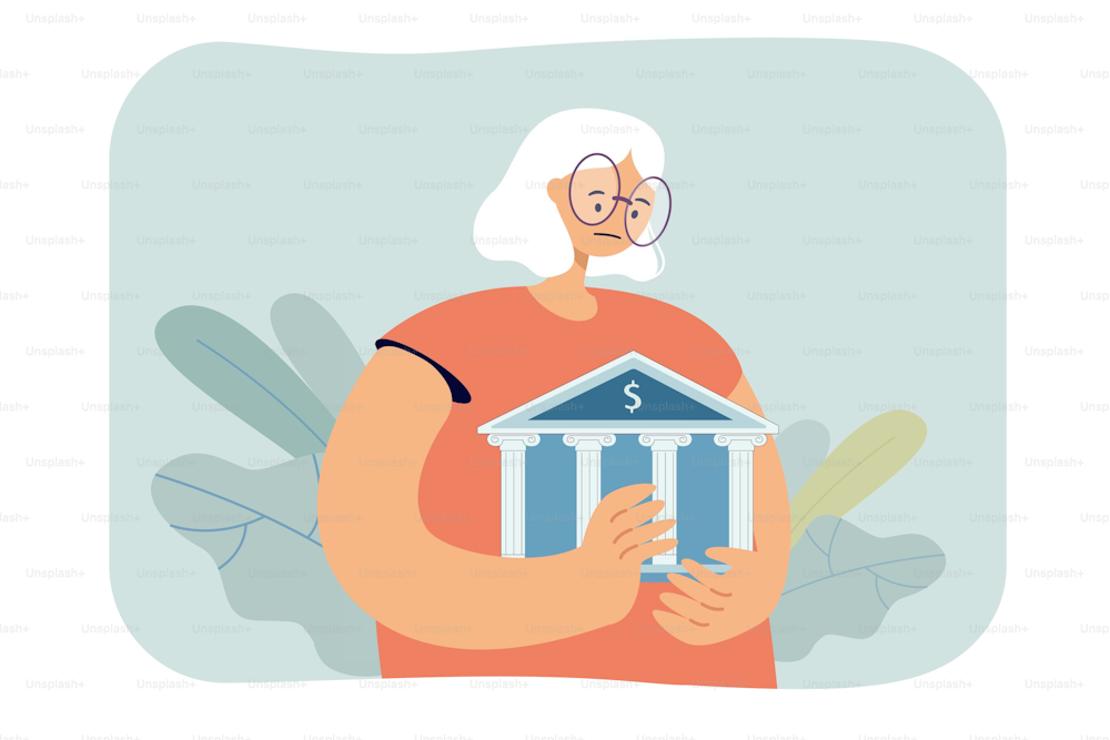 Sad elderly woman holding tiny bank building. Retired cartoon person upset about pension flat vector illustration. Retirement, finances concept for banner, website design or landing web page