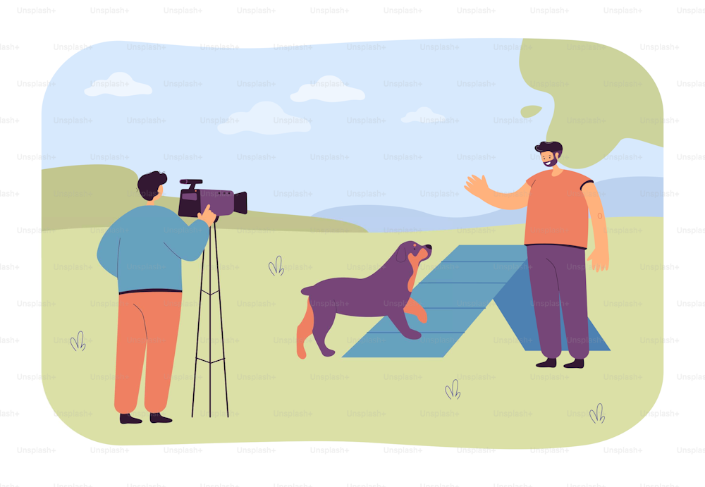 Operator recording dog owner training pet. Man and domestic animal practicing for competition flat vector illustration. Pets, dog agility training concept for banner, website design or landing page