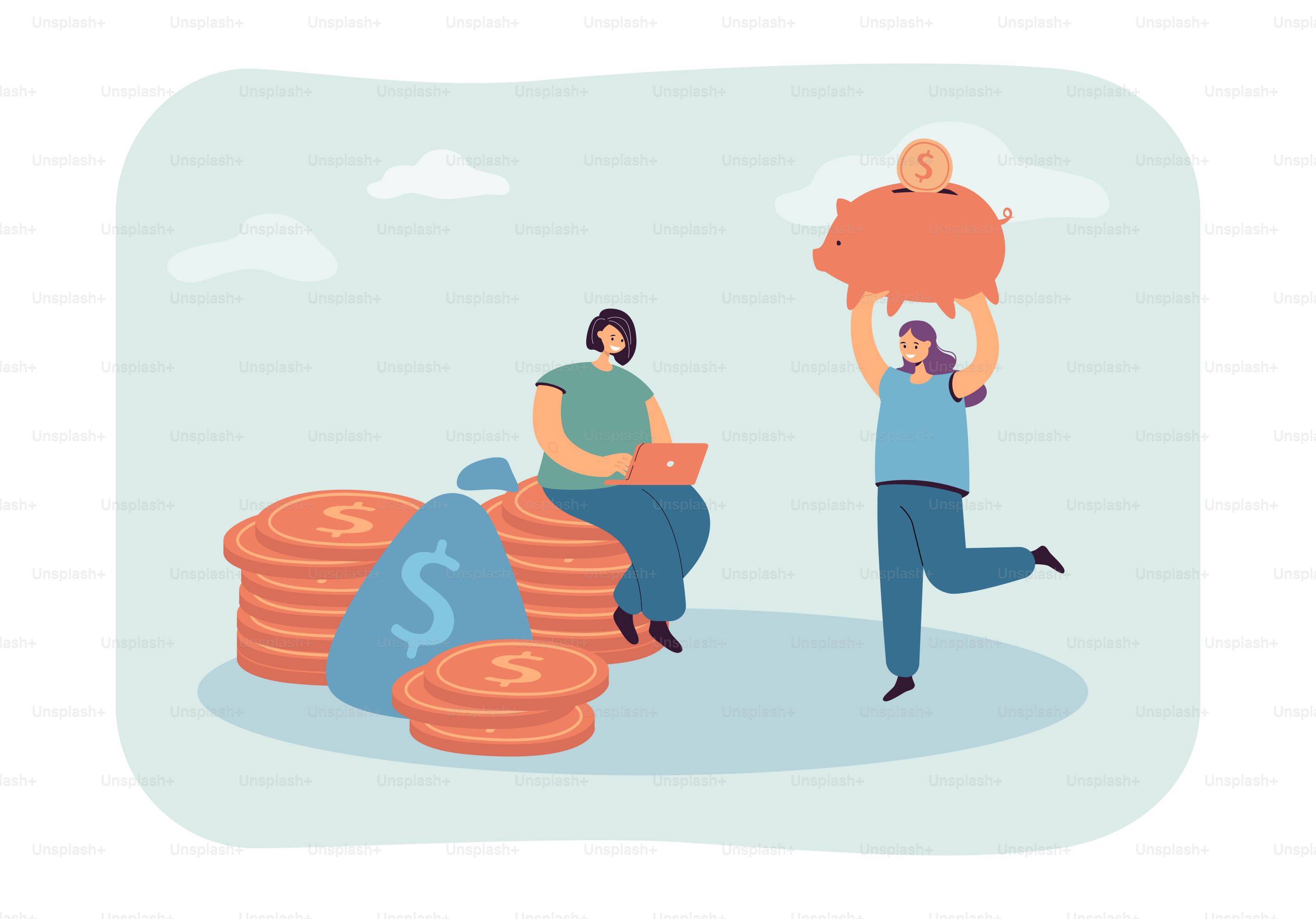 Cartoon mother and daughter saving money. Woman sitting on stack of coins, girl holding piggybank flat vector illustration. Family budget, finances, savings concept for banner or landing web page