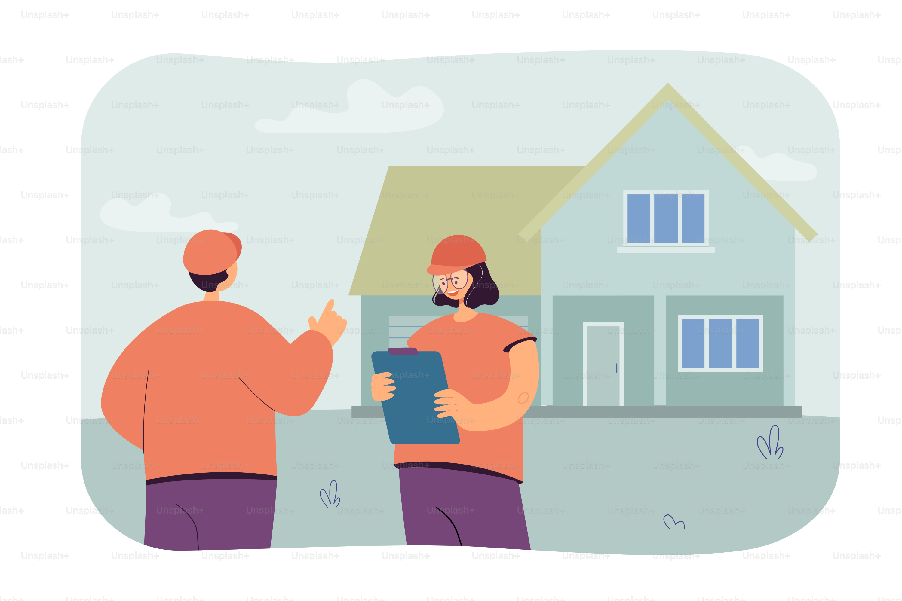 Female contractor in hard hat standing in front of house. Engineer looking at plan of building flat vector illustration. Construction, renovation concept for banner, website design or landing web page