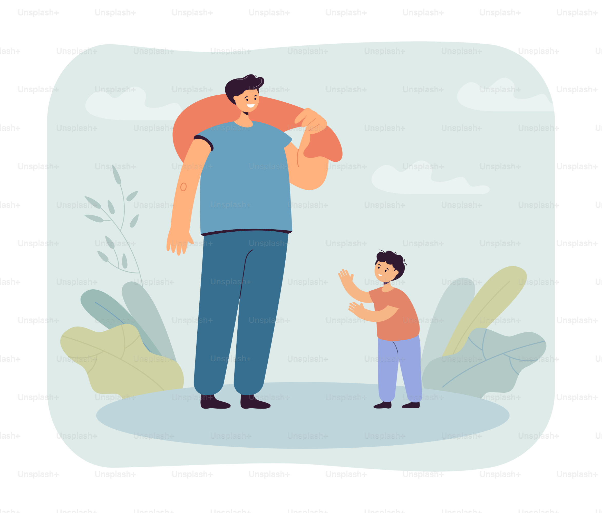Little son looking at father holding sack. Man with bag of gifts for boy flat vector illustration. Family, love, care, vacation concept for banner, website design or landing web page