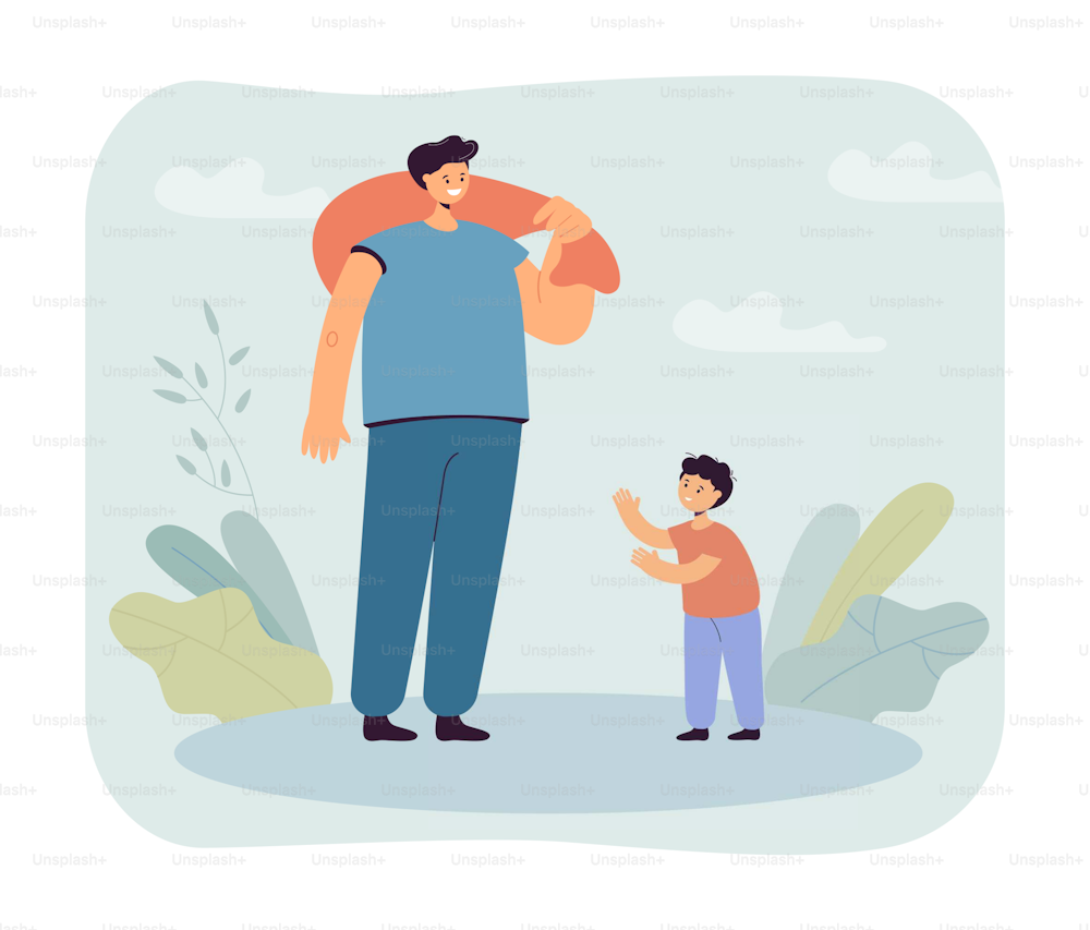 Little son looking at father holding sack. Man with bag of gifts for boy flat vector illustration. Family, love, care, vacation concept for banner, website design or landing web page