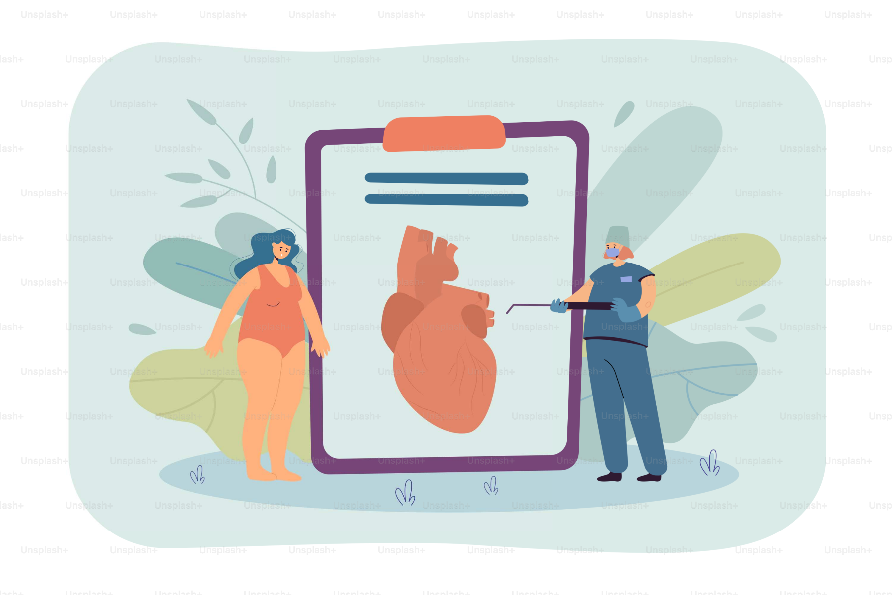 Obese woman visiting cardiologist flat vector illustration. Doctor preparing patient suffering from overweight for heart surgery. Healthcare concept for banner, website design or landing web page