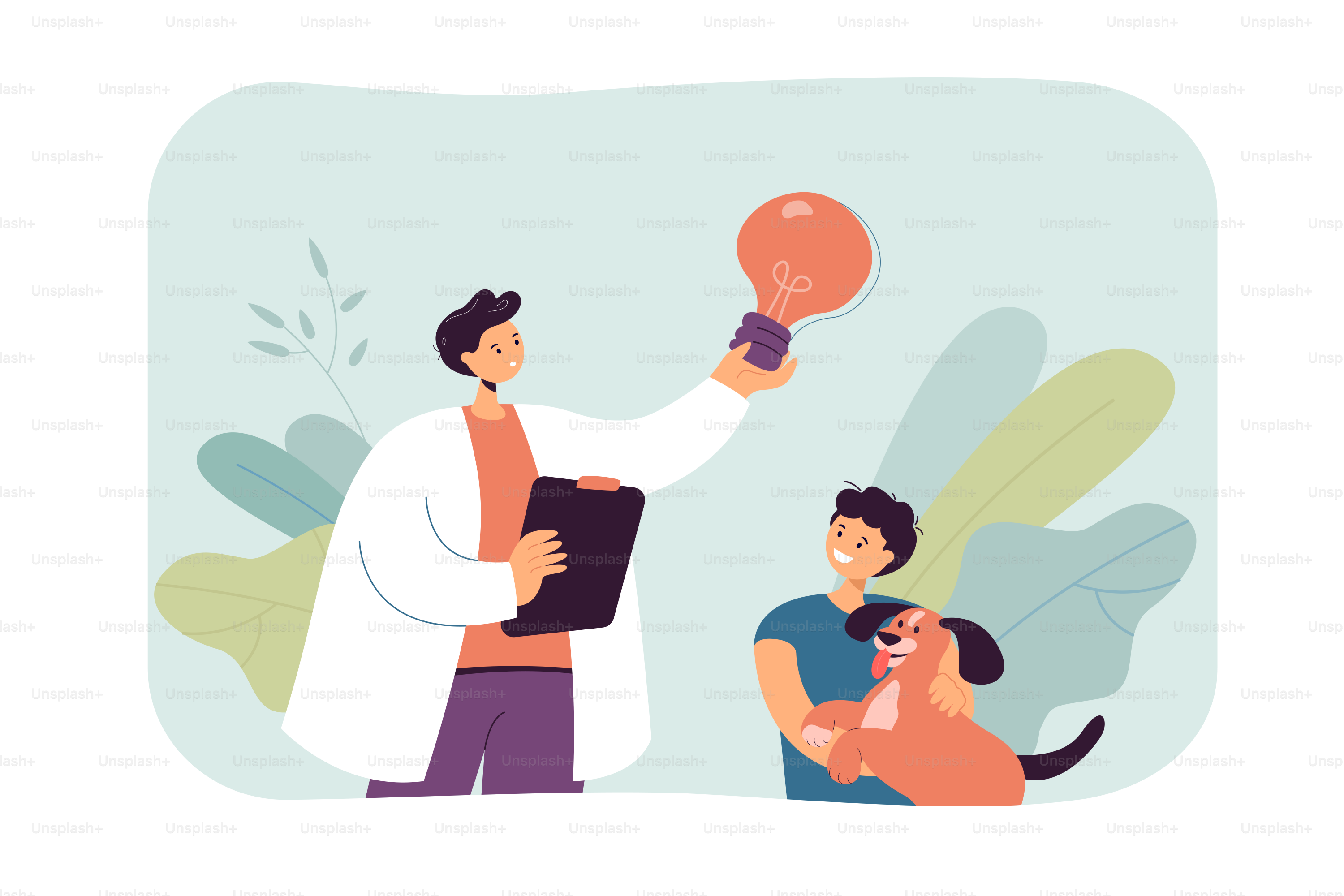 Veterinarian with light bulb flat vector illustration. Veterinary physician having good idea and making diagnosis for sick dog. Pet, health care concept for banner, website design or landing web page