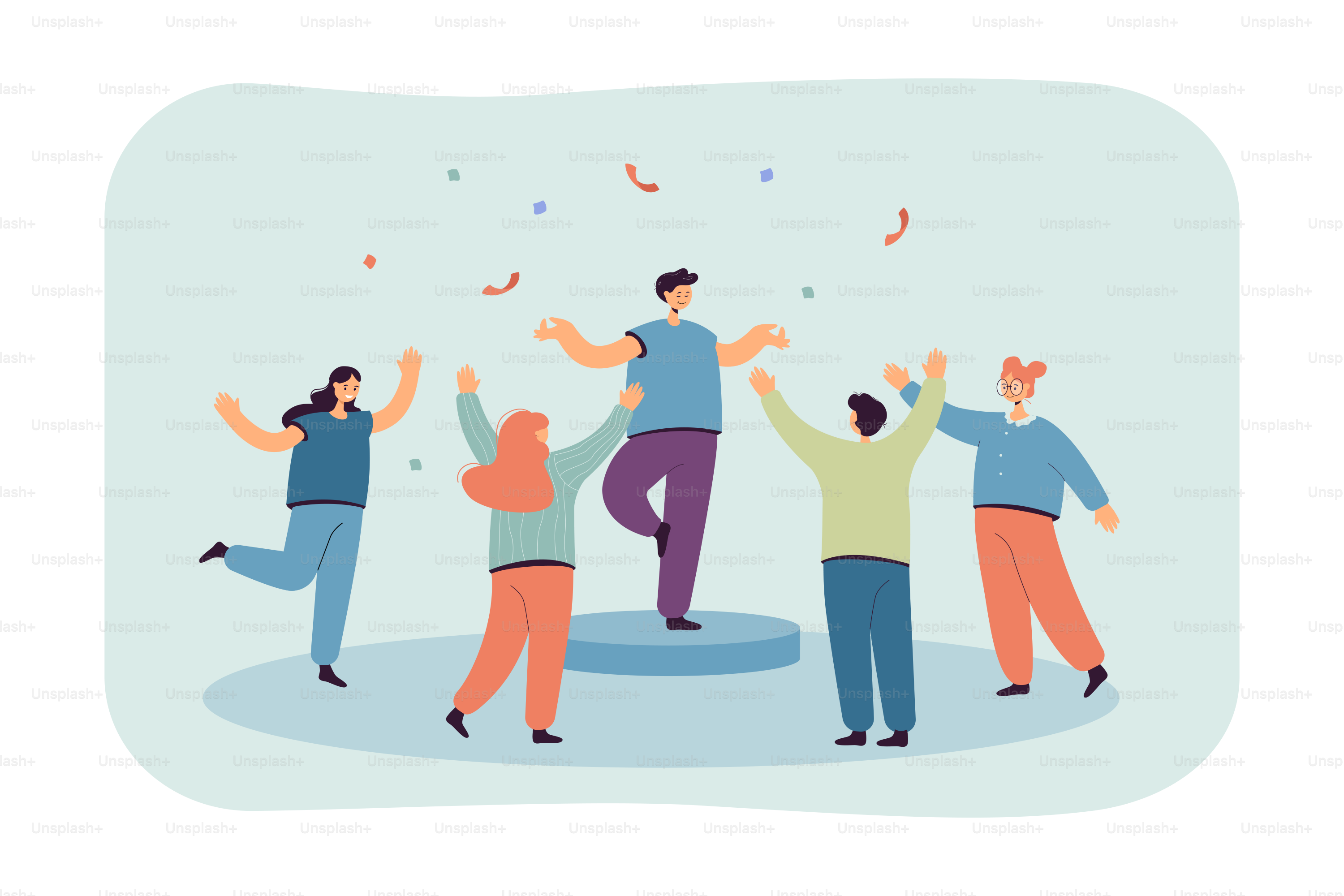 Der Anführer steht auf einem Bein, umgeben von seinem Team. Menschen gratulieren dem Gewinner, heben die Hände flache Vektorillustration. Win-Victory-Konzept für Banner-, Webdesign oder Landingpage