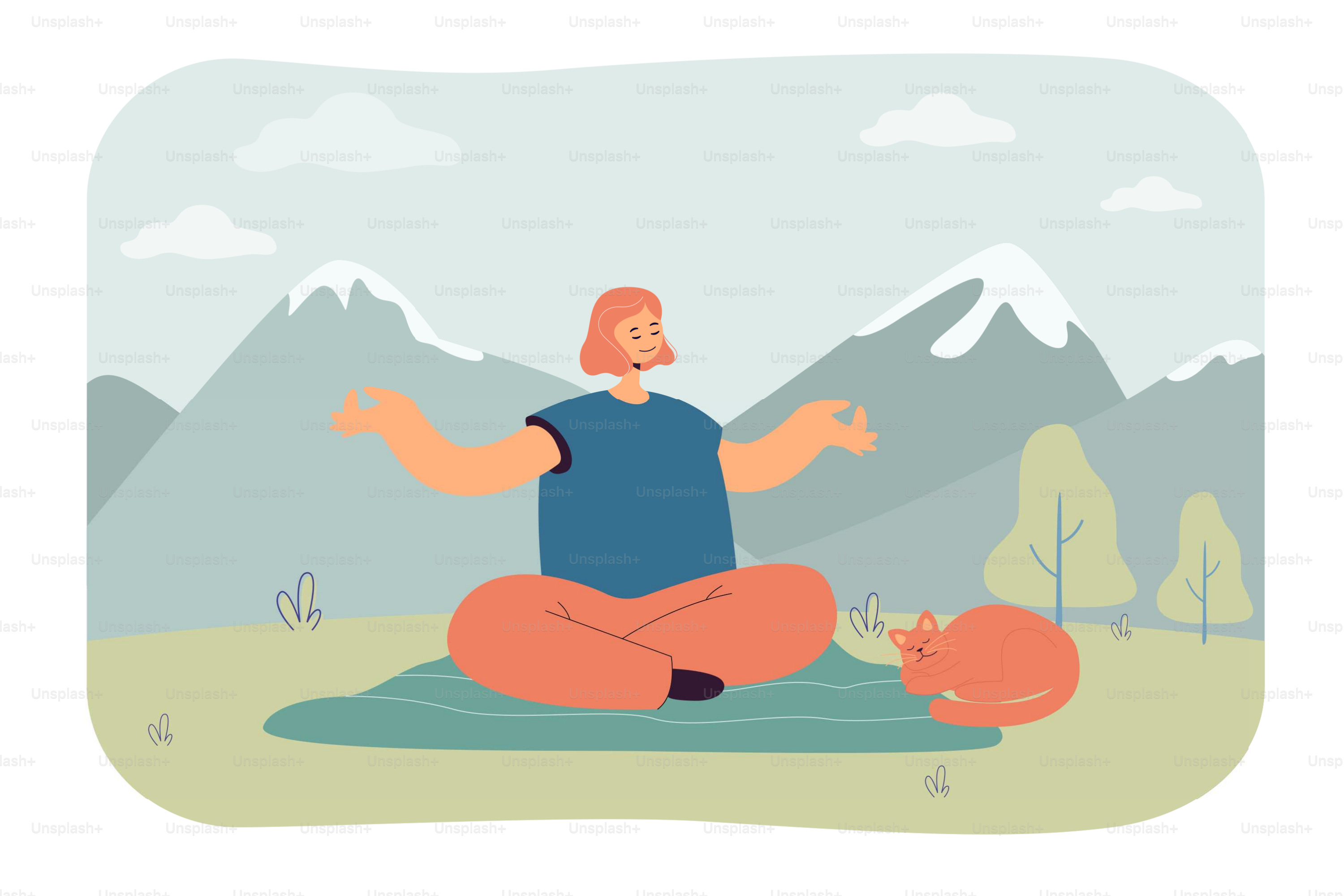 Girl doing yoga in nature flat vector illustration. Woman with closed eyes sitting in lotus position with cat in background of mountains. Sport concept for banner, website design or landing web page
