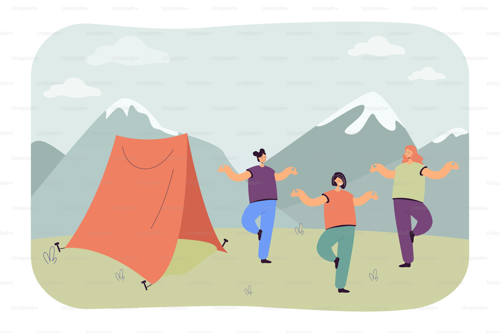 Women doing yoga in background of mountains. Girls standing in tree pose with closed eyes next to tent flat vector illustration. Sport, trip concept for banner, website design or landing web page