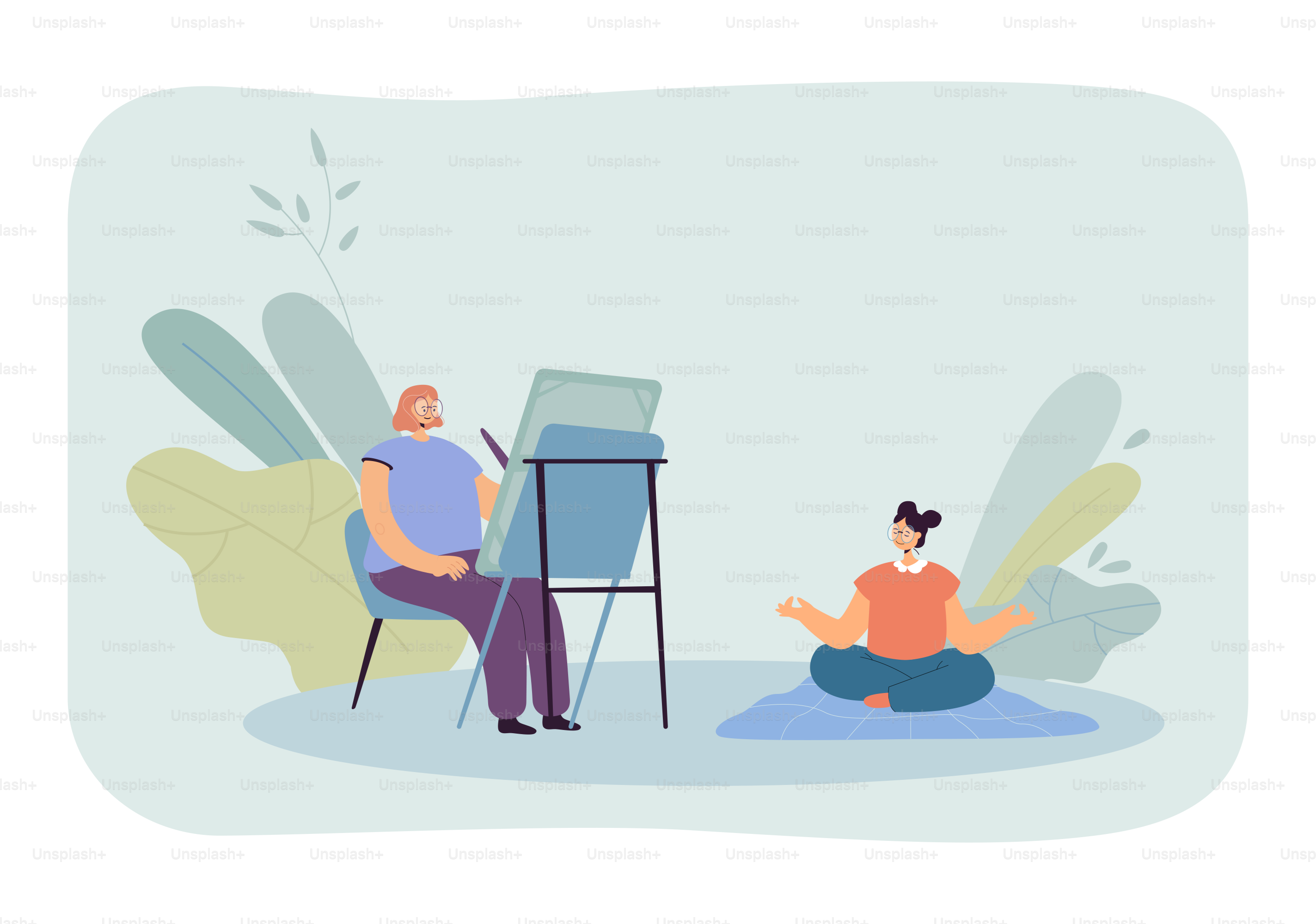 Girls doing yoga and painting on easel flat vector illustration. Women taking care of yourself, devoting time to hobby. Self-love, peace concept for banner, website design or landing web page