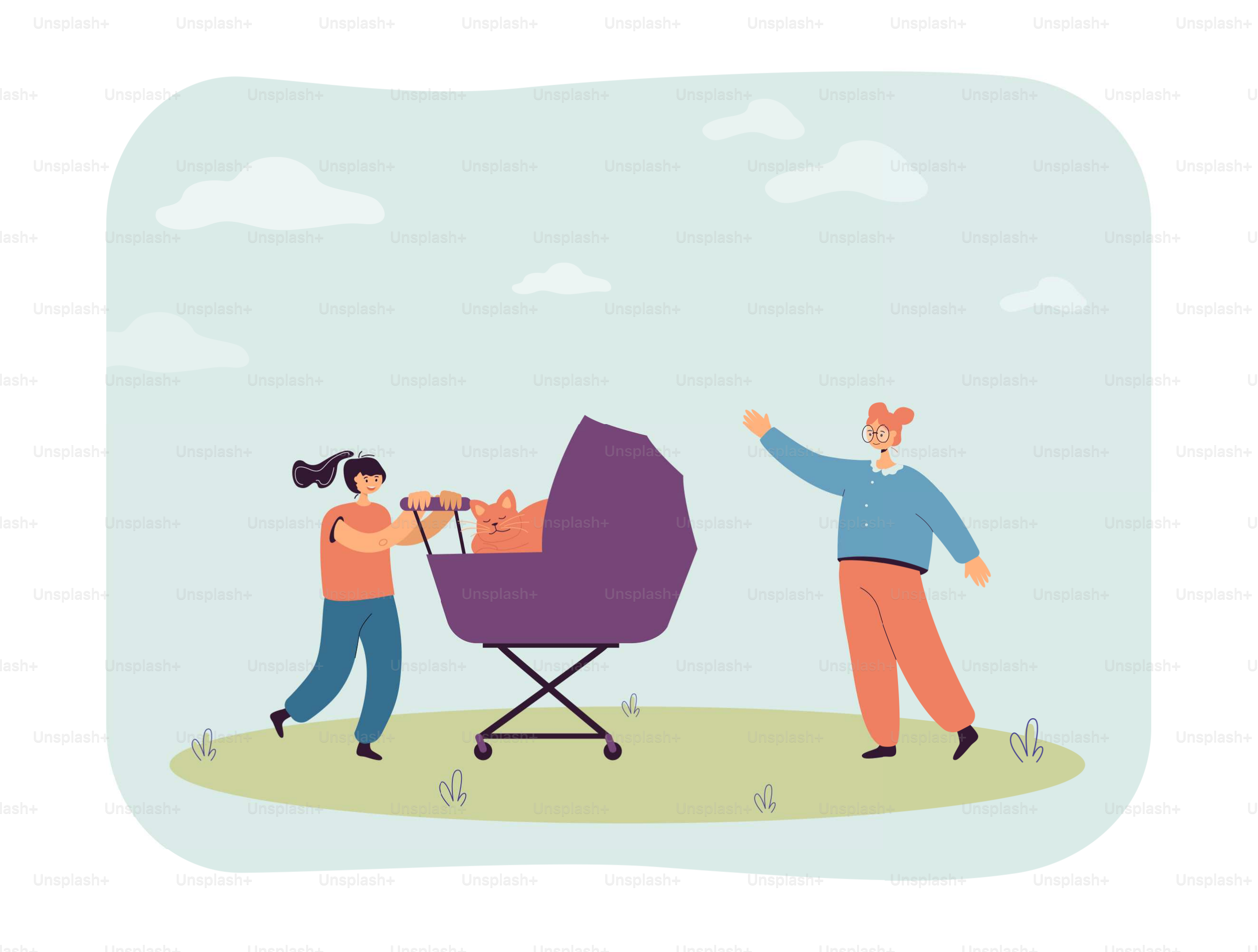 Girl driving cat in baby carriage flat vector illustration. Cute girl taking care of pet, meeting with friend, walking outdoor. Love, friendship concept for banner, website design or landing web page