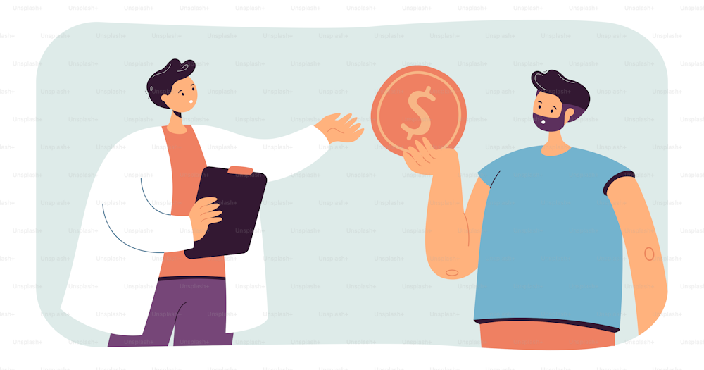 Man giving gold coin to doctor flat vector illustration. Patient paying for visiting therapist or medical examination. Medicine, money concept for banner, website design or landing web page