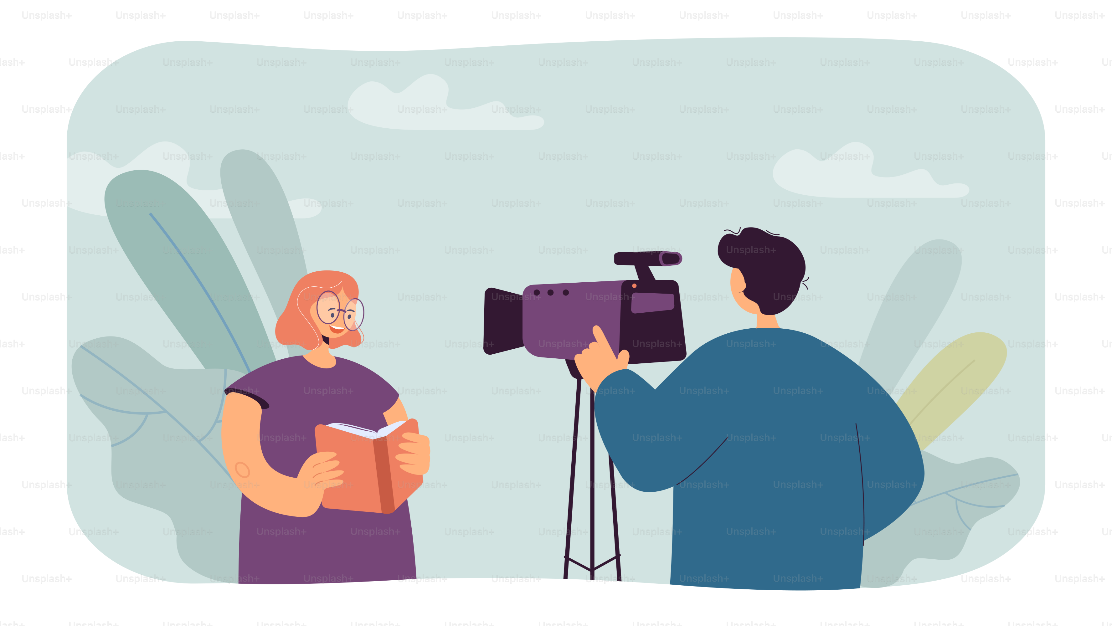 Producer recording girl with book on camera. Cute woman reading on camera or recording online lesson flat vector illustration. Occupation concept for banner, website design or landing web page