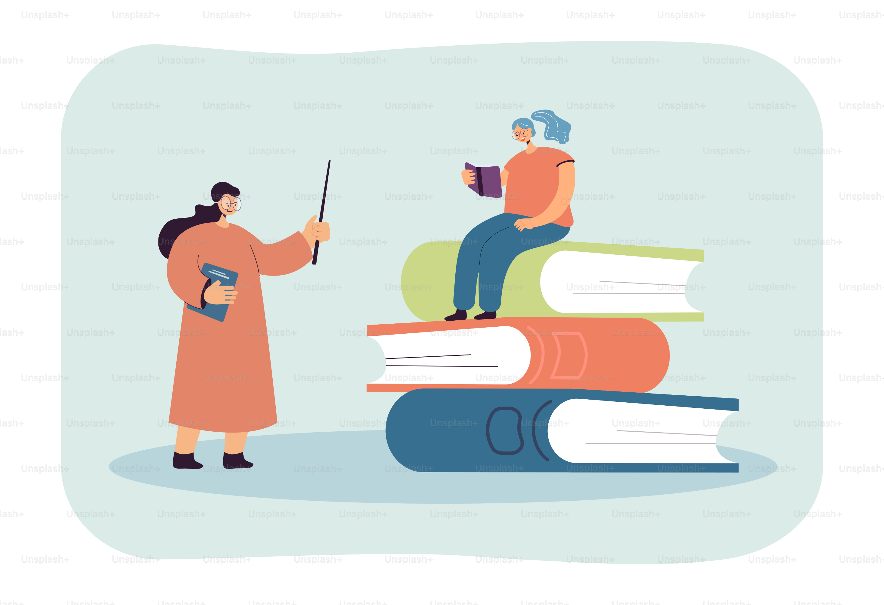 Girl reading on pile of books during class. Female teacher in eyeglasses and with pointer teaching lesson flat vector illustration. Education concept for banner, website design or landing web page