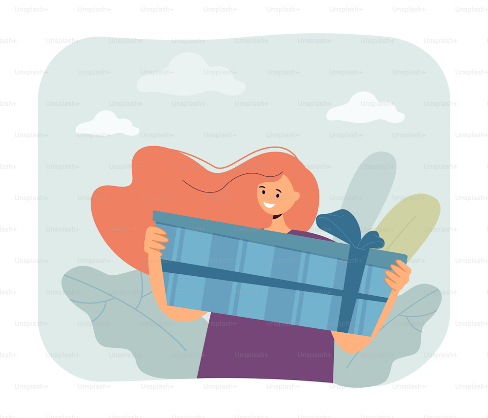 Girl with gift box flat vector illustration. Cute person preparing presents for friends or family for holiday, birthday or new year. Celebration concept for banner, website design or landing web page