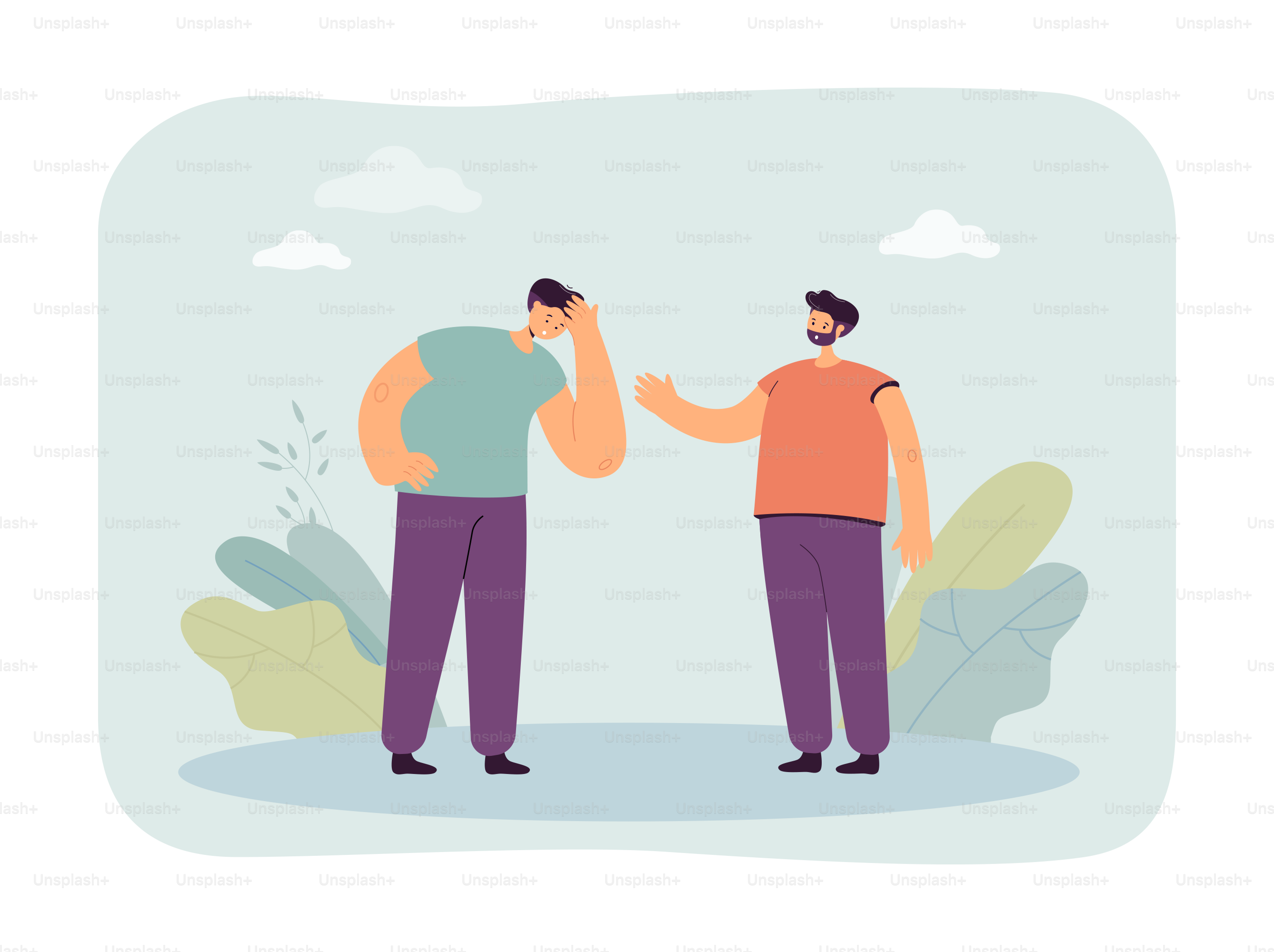 Sad person holding head with hands flat vector illustration. Person helping his male friend, comforting, supporting. Friendship, stress concept for banner, website design or landing web page