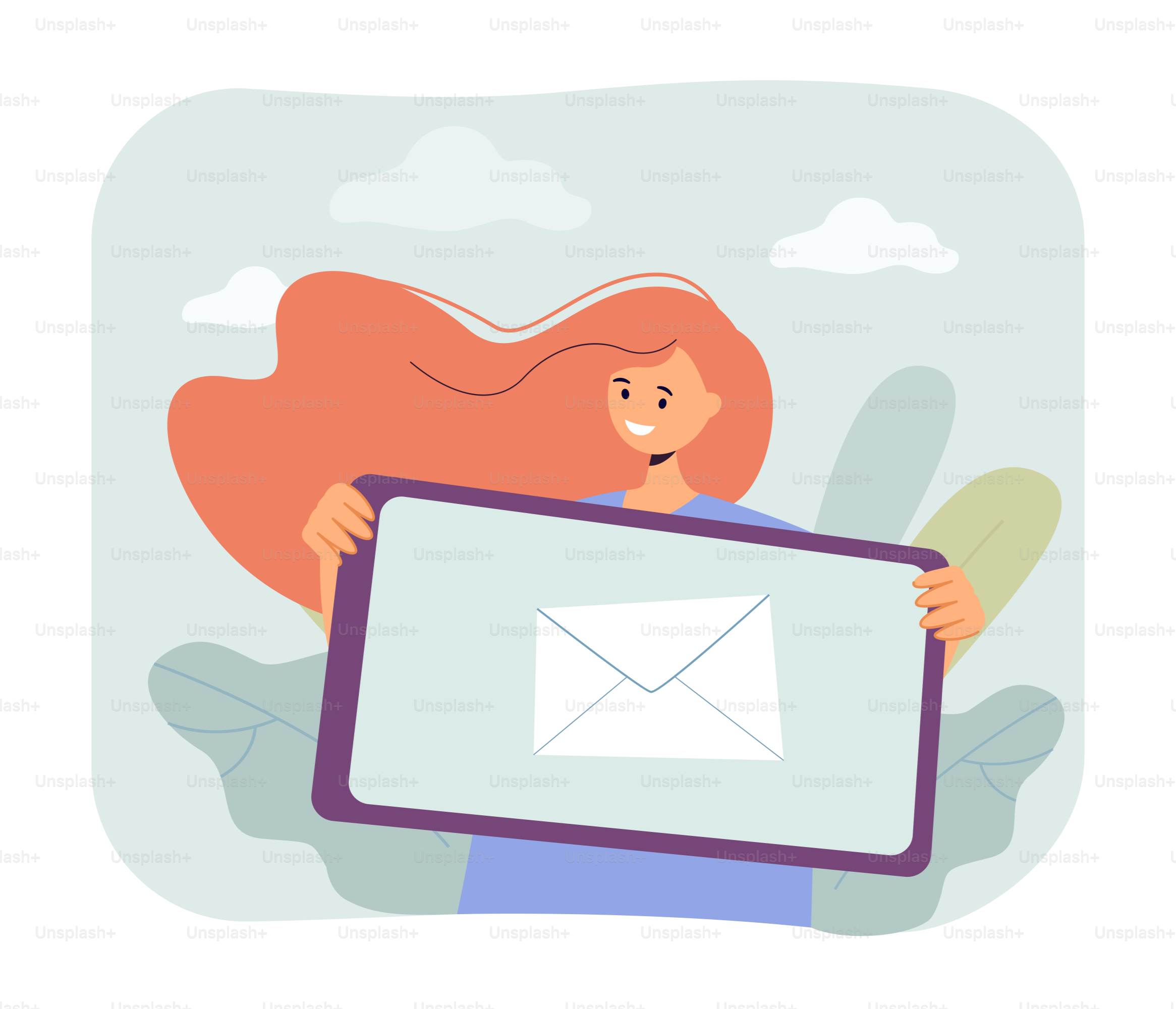 Girl holding table with envelope symbol flat vector illustration. Female person getting new message from friends or family. Communication concept for banner, website design or landing web page