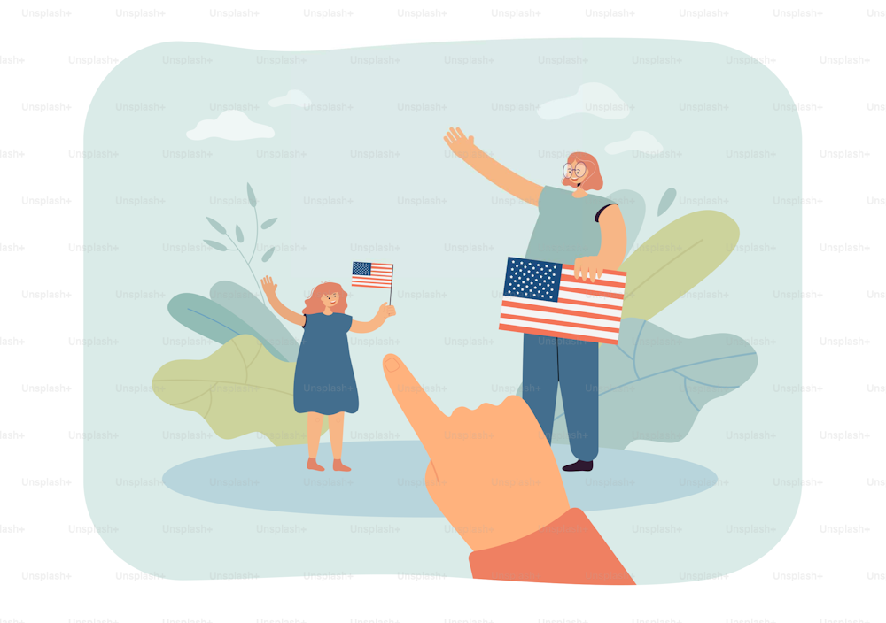 Main pointée vers une fille tenant le drapeau des États-Unis. Mère et fille avec symbole national de l’Amérique illustration vectorielle plate. Patriotisme, Jour de l’indépendance, concept de célébration pour bannière, conception de site Web
