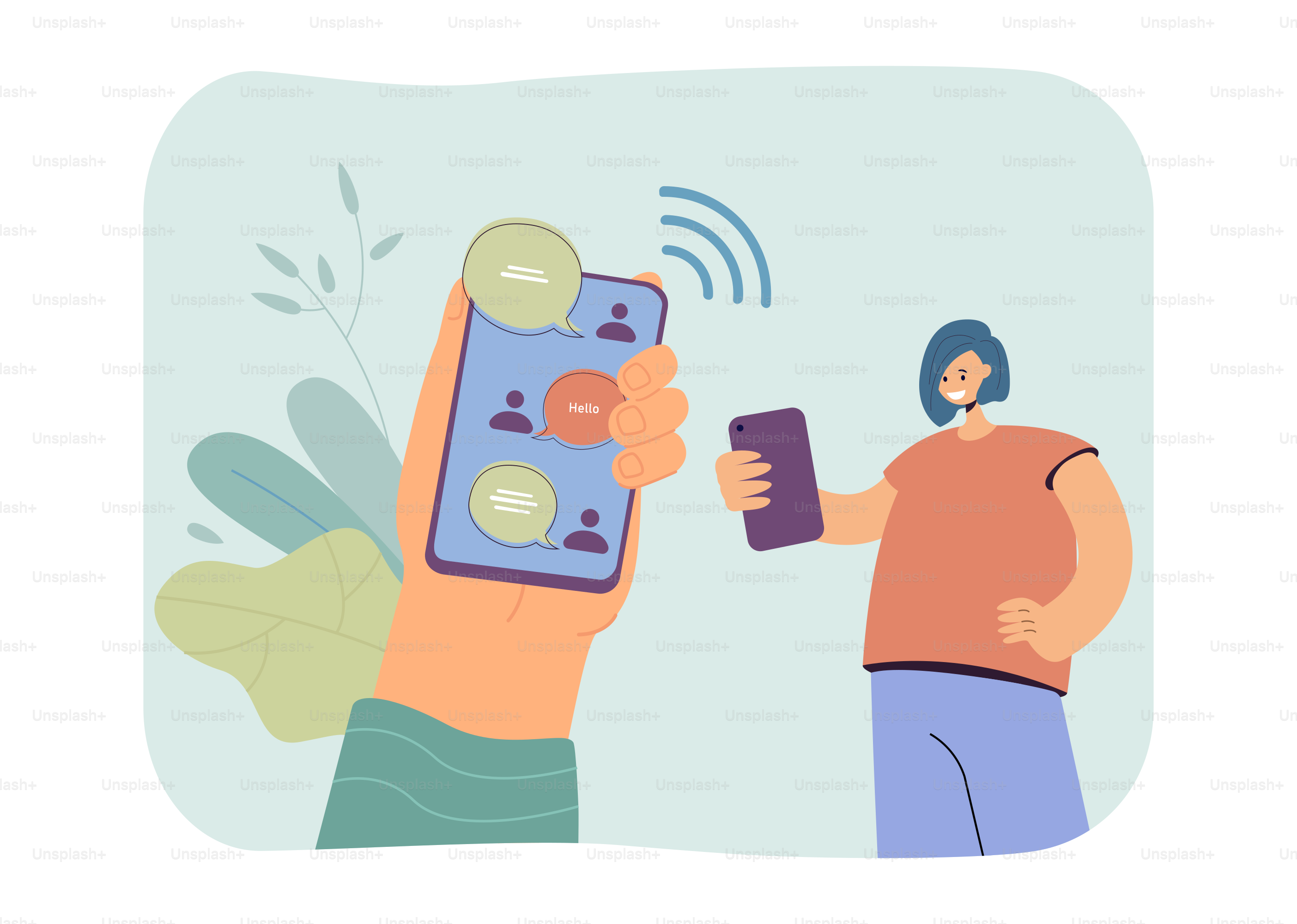 채팅 앱을 통해 메시지를 보내는 미소 짓는 여성. 휴대폰을 손에 잡고 대화를 화면에 담는 평면 벡터 일러스트. 기술, 소셜 미디어, 배너용 커뮤니케이션 개념, 랜딩 페이지