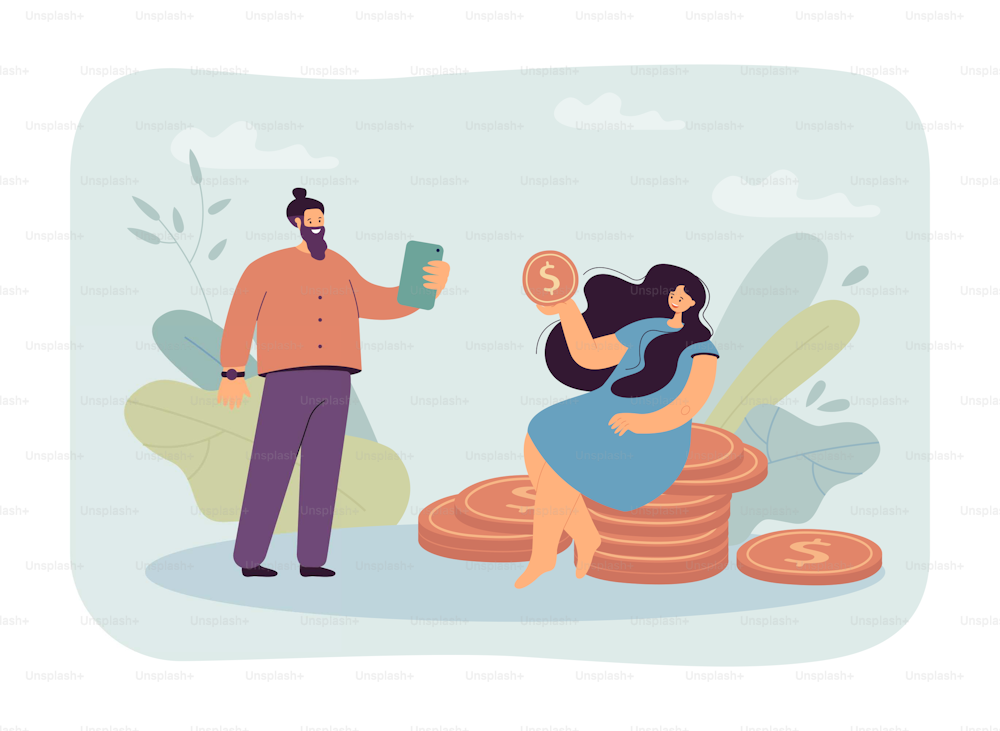 Woman posing for man while sitting on stack of gold coins. Female character earning money flat vector illustration. Finances, wealth, success concept for banner, website design or landing web page