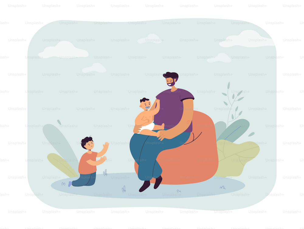 Sad jealous child, excluded by parent with new baby. Happy father sitting with small kid flat vector illustration. Jealousy of siblings, family concept for banner, website design or landing web page