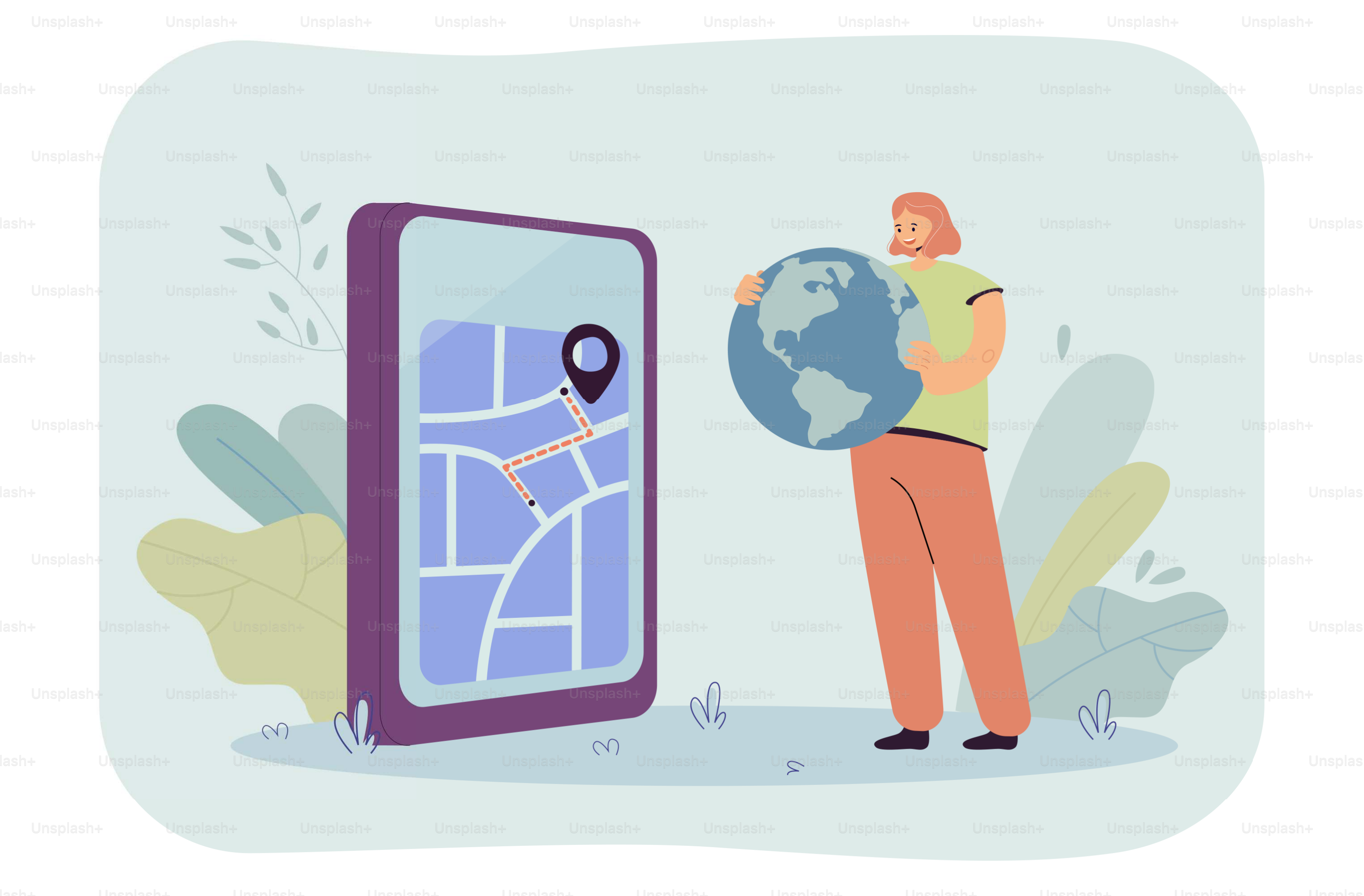 Tiny girl holding globe in front of smartphone with map on display. Woman choosing route to reach destination via app flat vector illustration. GPS concept for banner, website design, landing web page