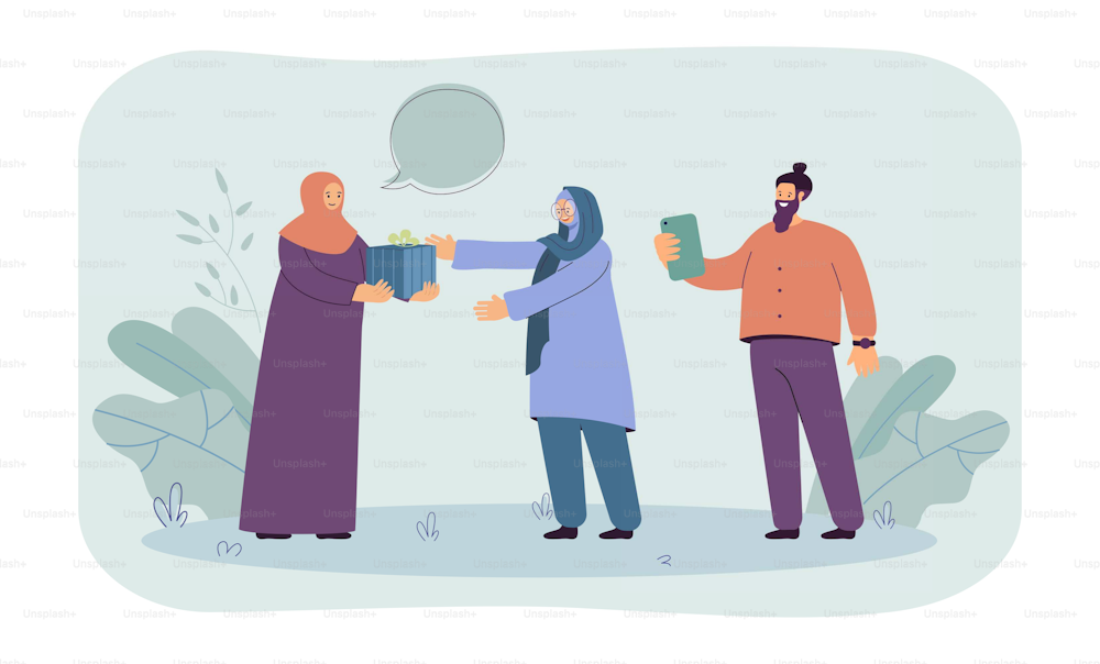 Mann macht Foto von islamischer Frau, die der Mutter eine Geschenkbox gibt. Arabische Familie feiert Ramadan mit Geschenken flache Vektorillustration. Feier, Religionskonzept für Banner, Website-Design
