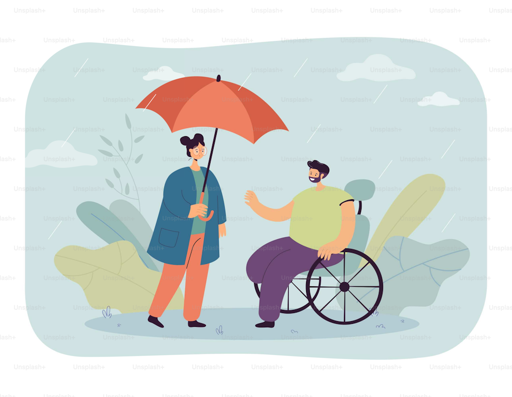 Man in wheelchair asking woman for umbrella in rain. Person with physical disability asking for help flat vector illustration. Assistance, support, disability concept for banner or landing web page