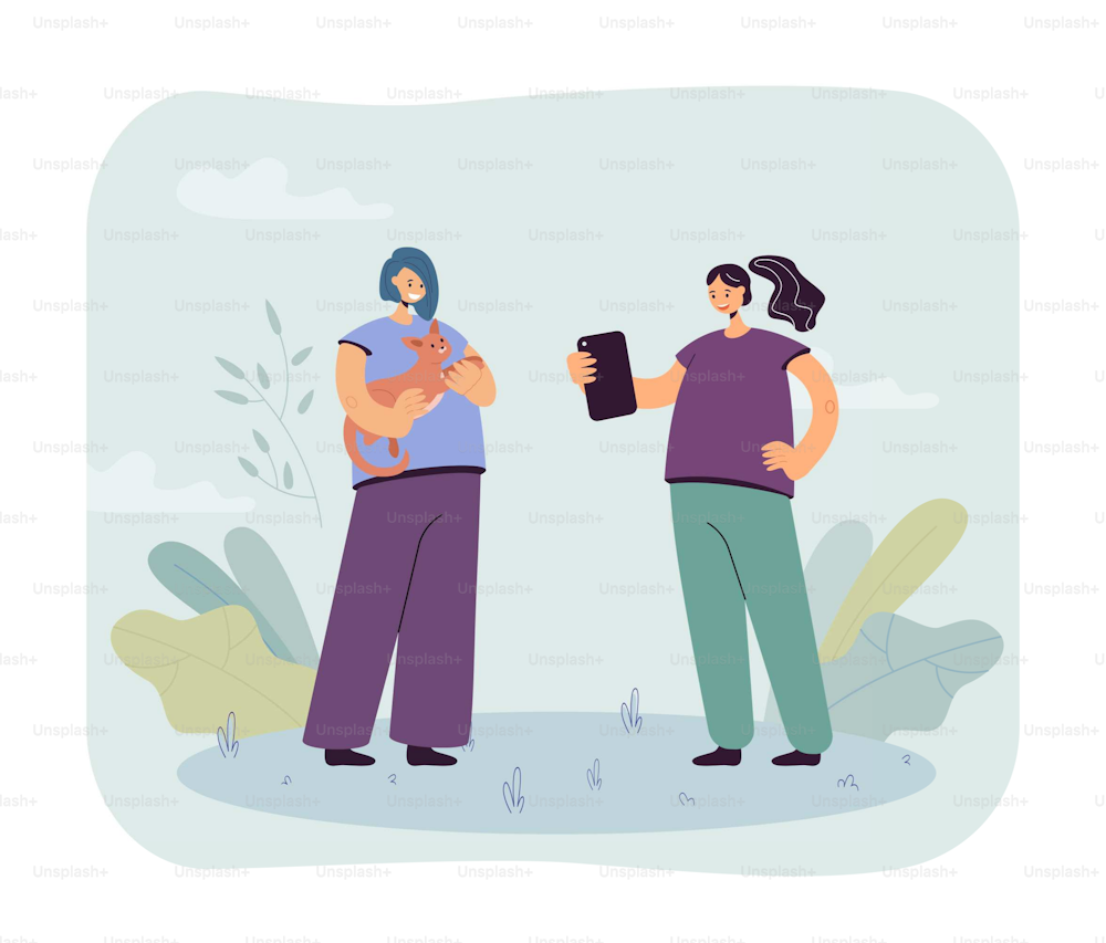 Cartoon girl taking photo of friend holding cute cat. Female character with kitten posing for camera flat vector illustration. Pets, social media concept for banner, website design or landing web page