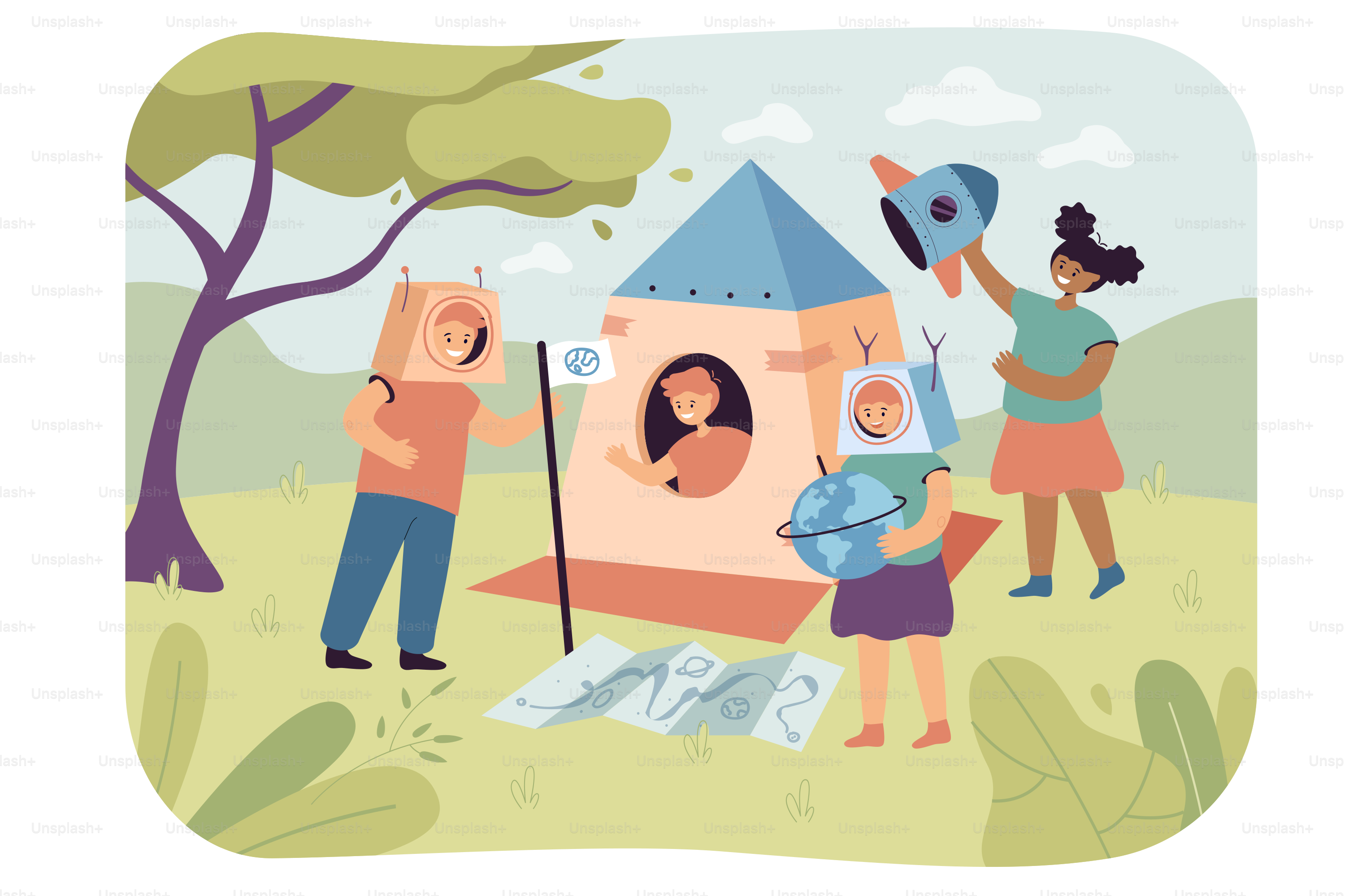 Cartoon-Kinder, Jungen und Mädchen, die in Astronauten mit Raketen und Helmen aus Pappkartons spielen. Kreative Kinder bauen Raumschiffe und spielen flache Vektorillustrationen. Konzept der Kindheitsfantasie