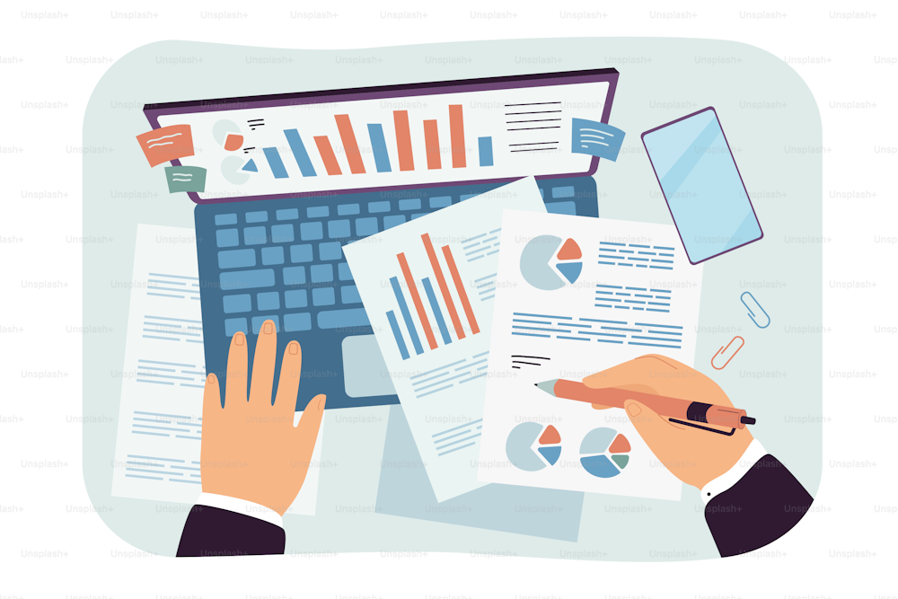 Audit research of business documents by accountant analyst. Hands of office worker analyzing report charts, studying with laptop flat vector illustration. Paperwork, analytic technology concept